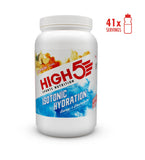 High5 isotonic hydration drink tub with tropical flavor, electrolytes, and energy support for exercise, shown in a large 1230g container.