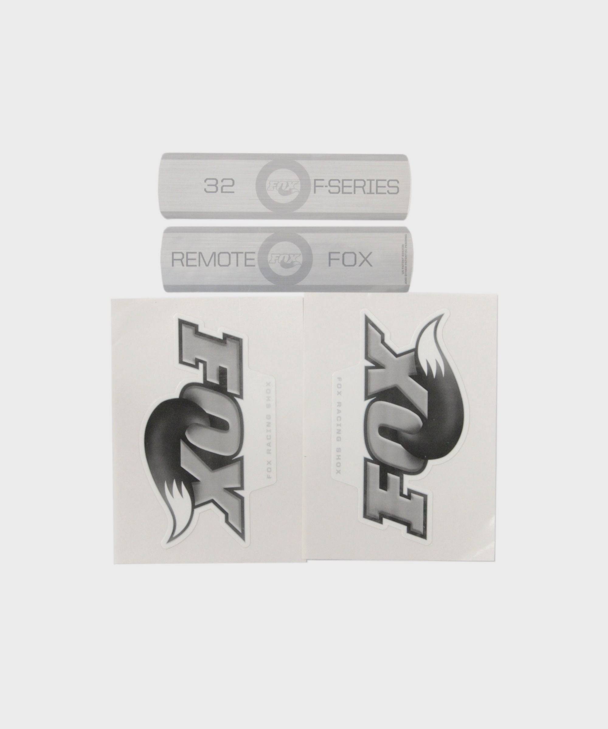 Fox Fork F-S Remote 2010 Decal Kit in black and white for suspension components upgrade, featuring Fox branding and detailed decal design.