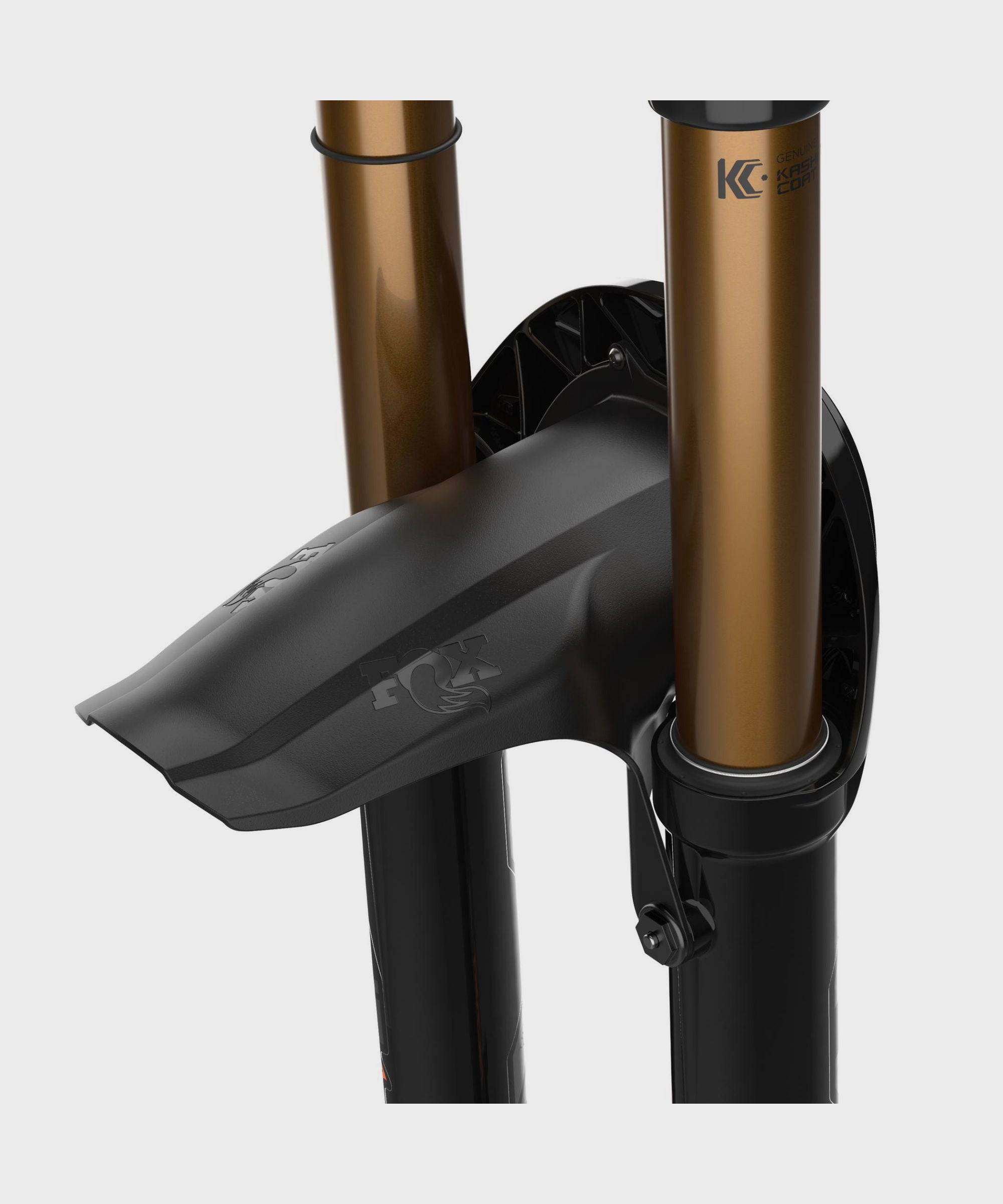 Fox Fork 36 & 38 Mud Guard 2021 with 4-Point Direct-Mount Protection on black suspension fork for mountain biking.