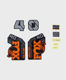 Fox Fork 40 decal kit with orange Fox logo on shiny black graphics for 2021 fork components, featuring vibrant fork graphics.