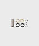 Stainless steel Fox rear shock mount hardware for bike suspension components, showing detailed mounting brackets and spacers.
