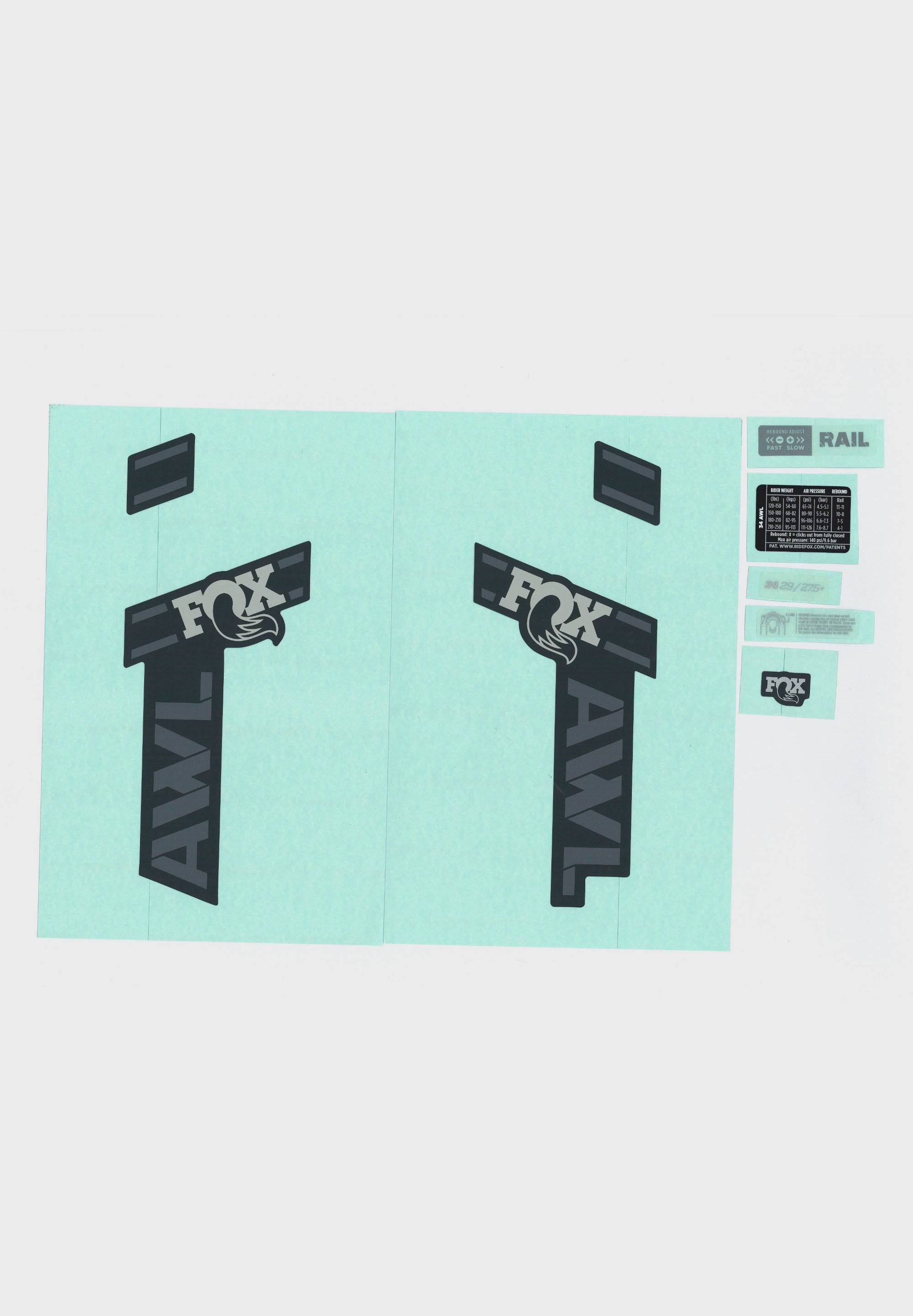 Fox Fork 34 AWL decal kit for 2025 matte and shiny black suspension forks, includes decals for Fox mountain bike components.