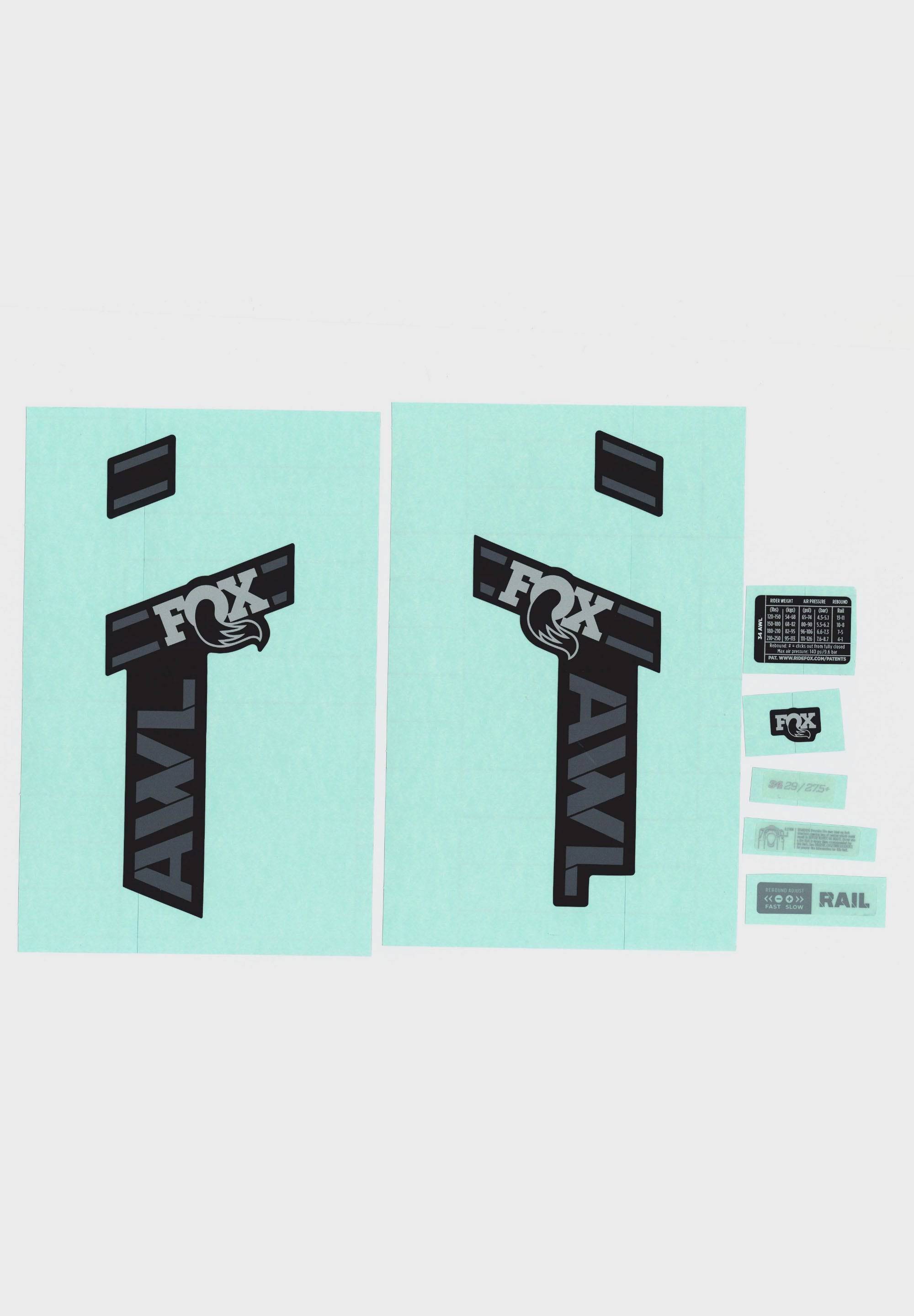 Fox Fork 34 AWL decal kit for 2025 matte and shiny black suspension forks, includes decals for Fox suspension components.
