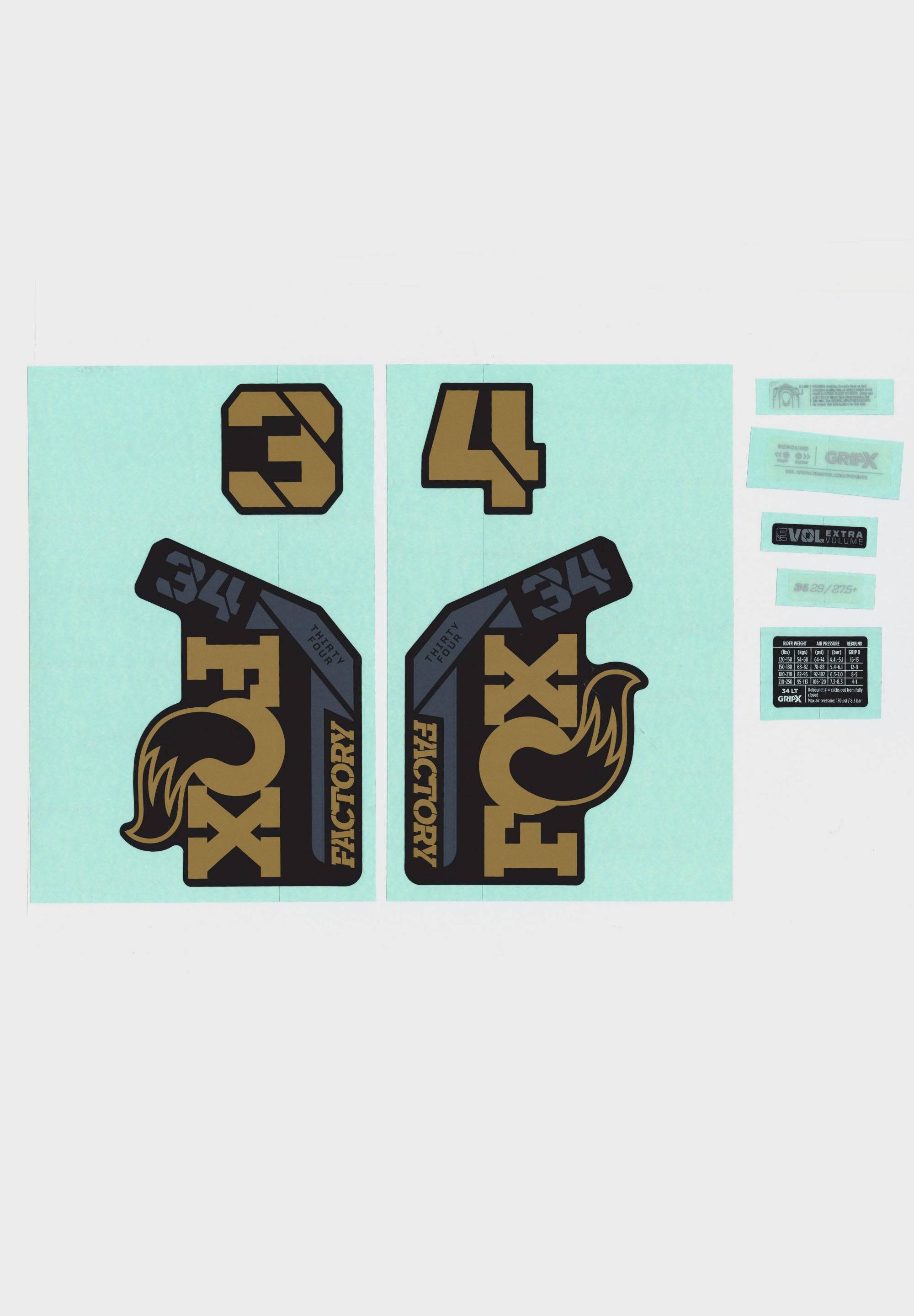 Fox Fork 34 Decal Kit 2025, custom replacement stickers for Fox 34 forks, featuring bold branding and vibrant design.