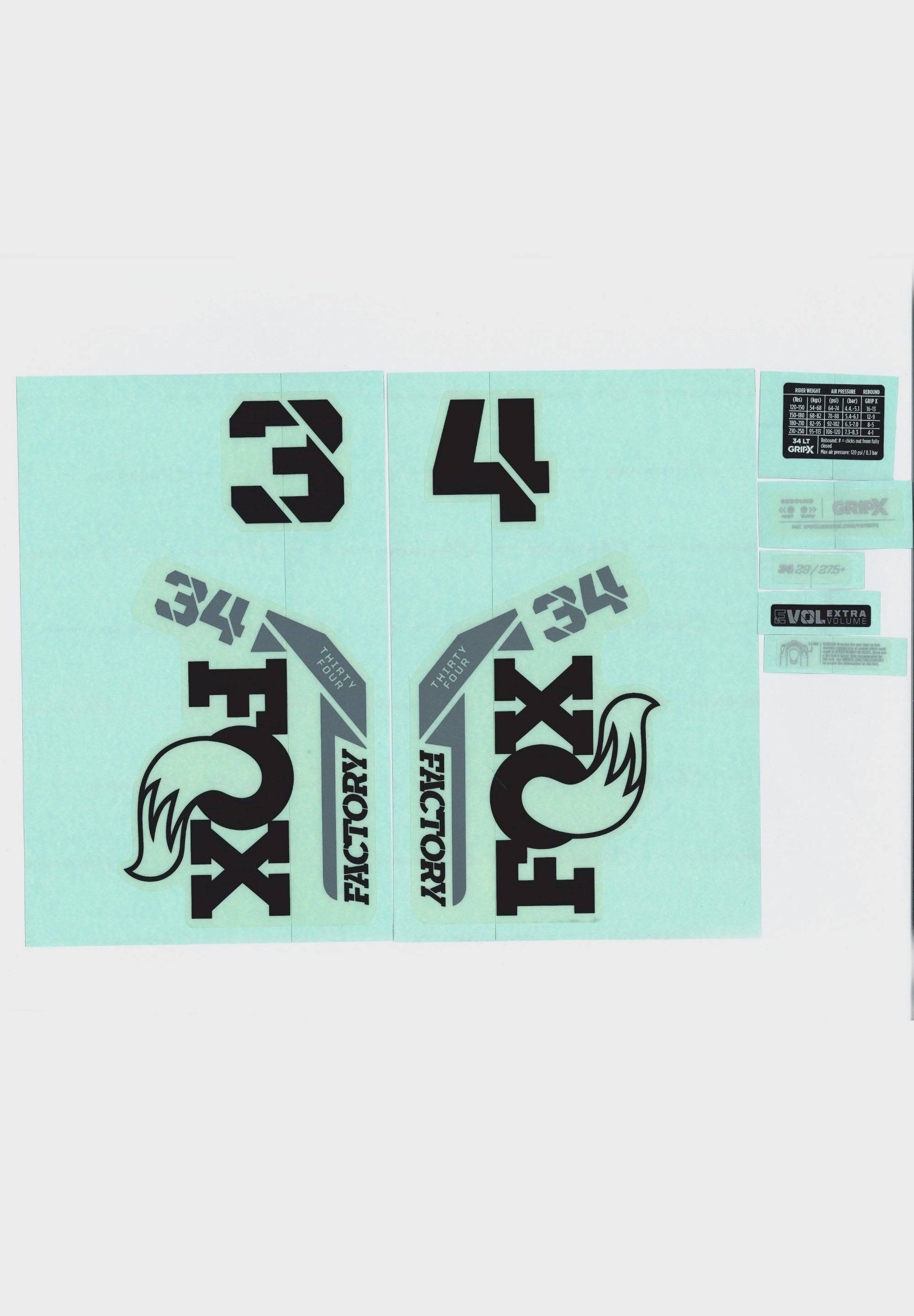 Fox Fork 34 Decal Kit 2025 showing custom replacement stickers for Fox 34 forks, featuring bold Fox branding and vibrant colors.