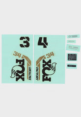 Fox Fork 34 Decal Kit 2025, custom replacement stickers for Fox 34 mountain bike forks, shown in black and white design.