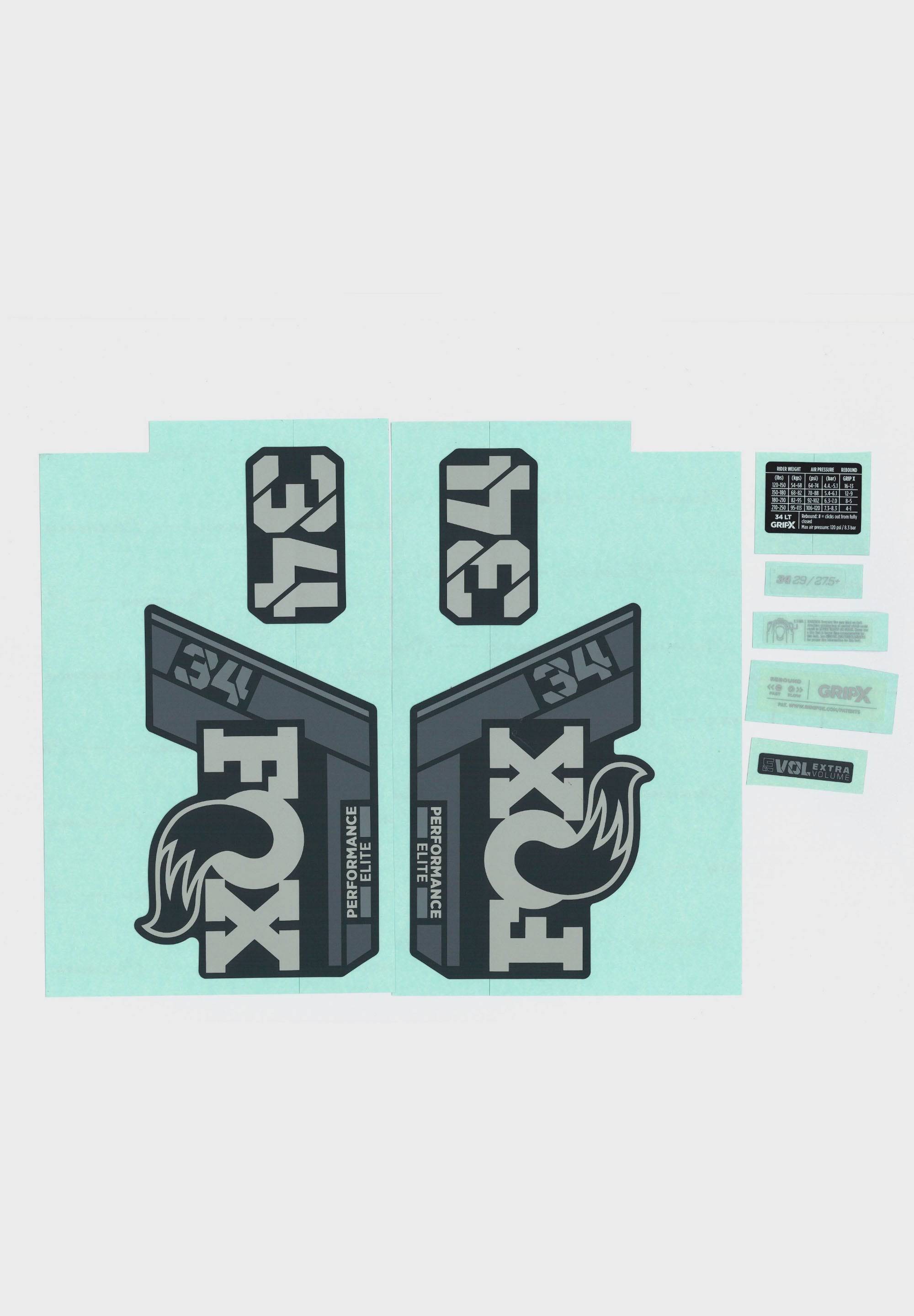 Fox Fork 34 Decal Kit 2025, custom replacement stickers for Fox 34 forks, designed for bike components and accessories.
