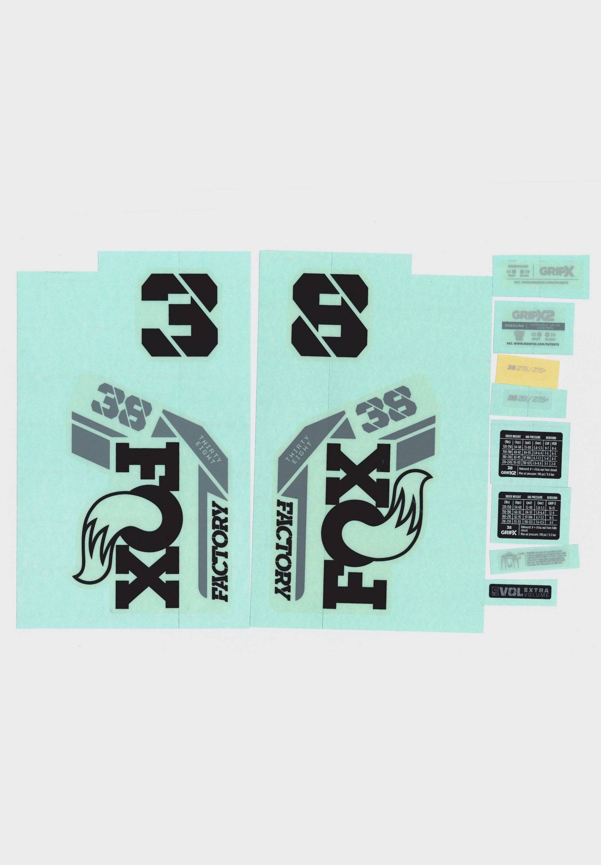 Fox Fork 38 Decal for 2025 Fox 38 suspension fork, replacement protective decal with detailed branding and design.
