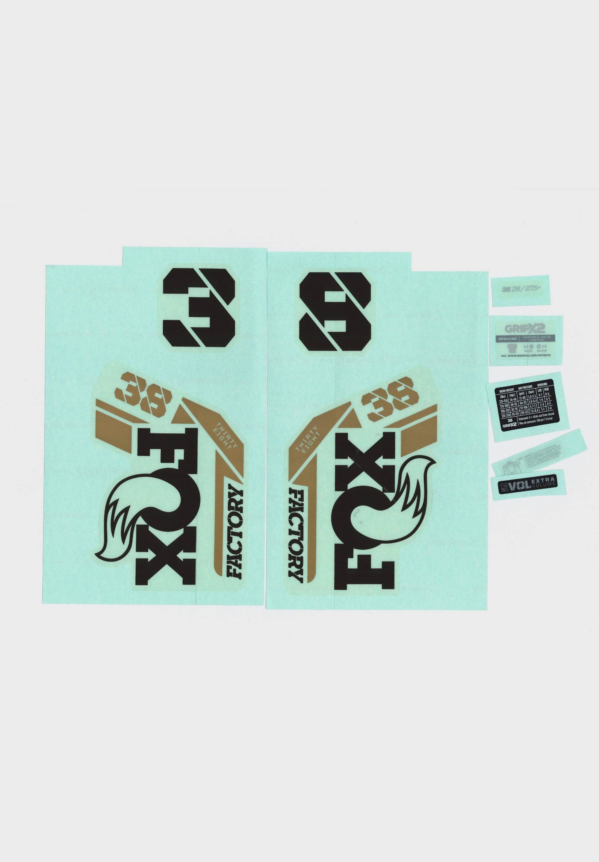 Fox Fork 38 Decal for Fox 38 suspension fork, protective replacement component with bold black and white design.