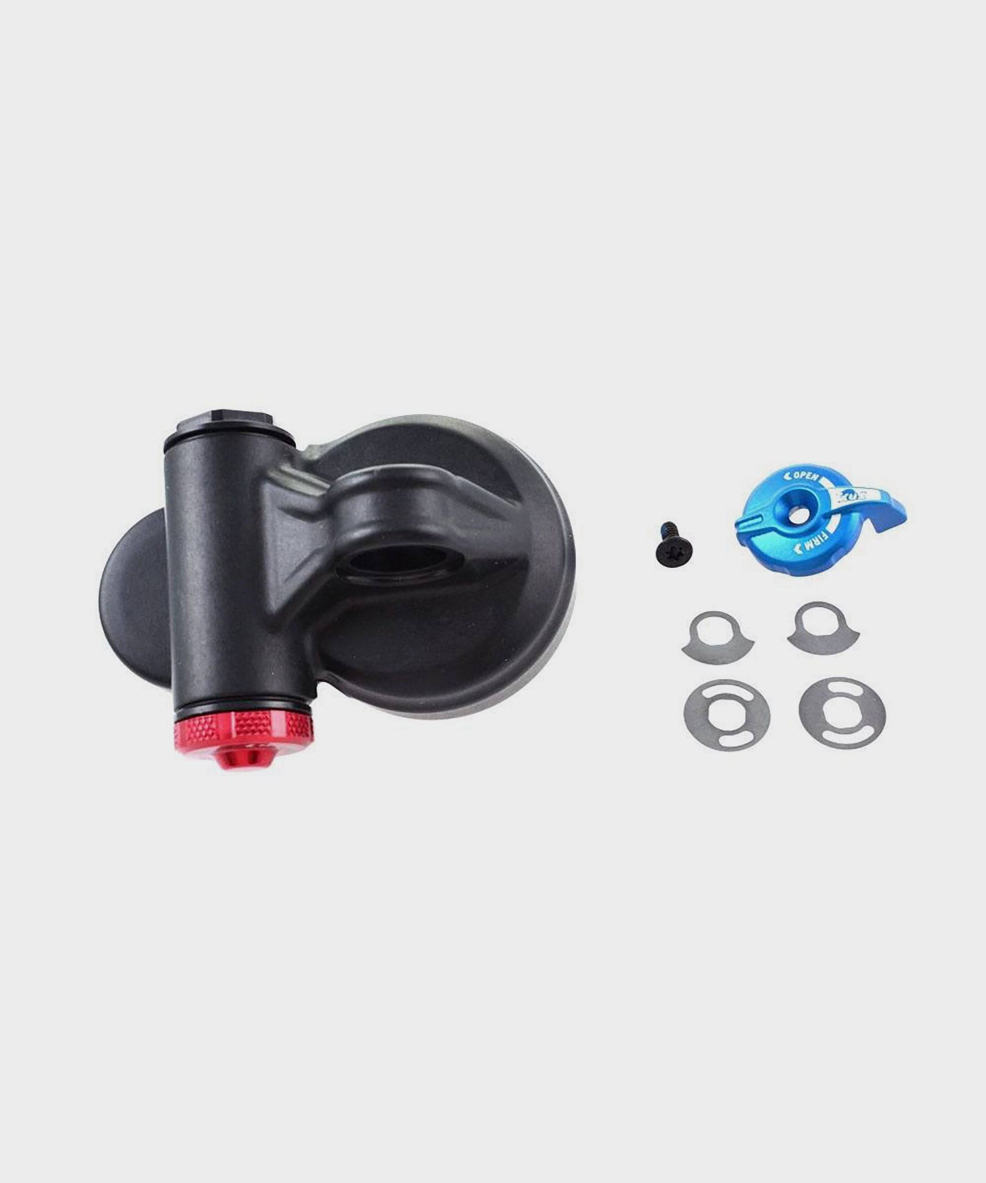 Fox Shock Float DPX2 P-S 3-Pos Eyelet Assembly for rear suspension upgrade, showing detailed metal components and adjustment points.
