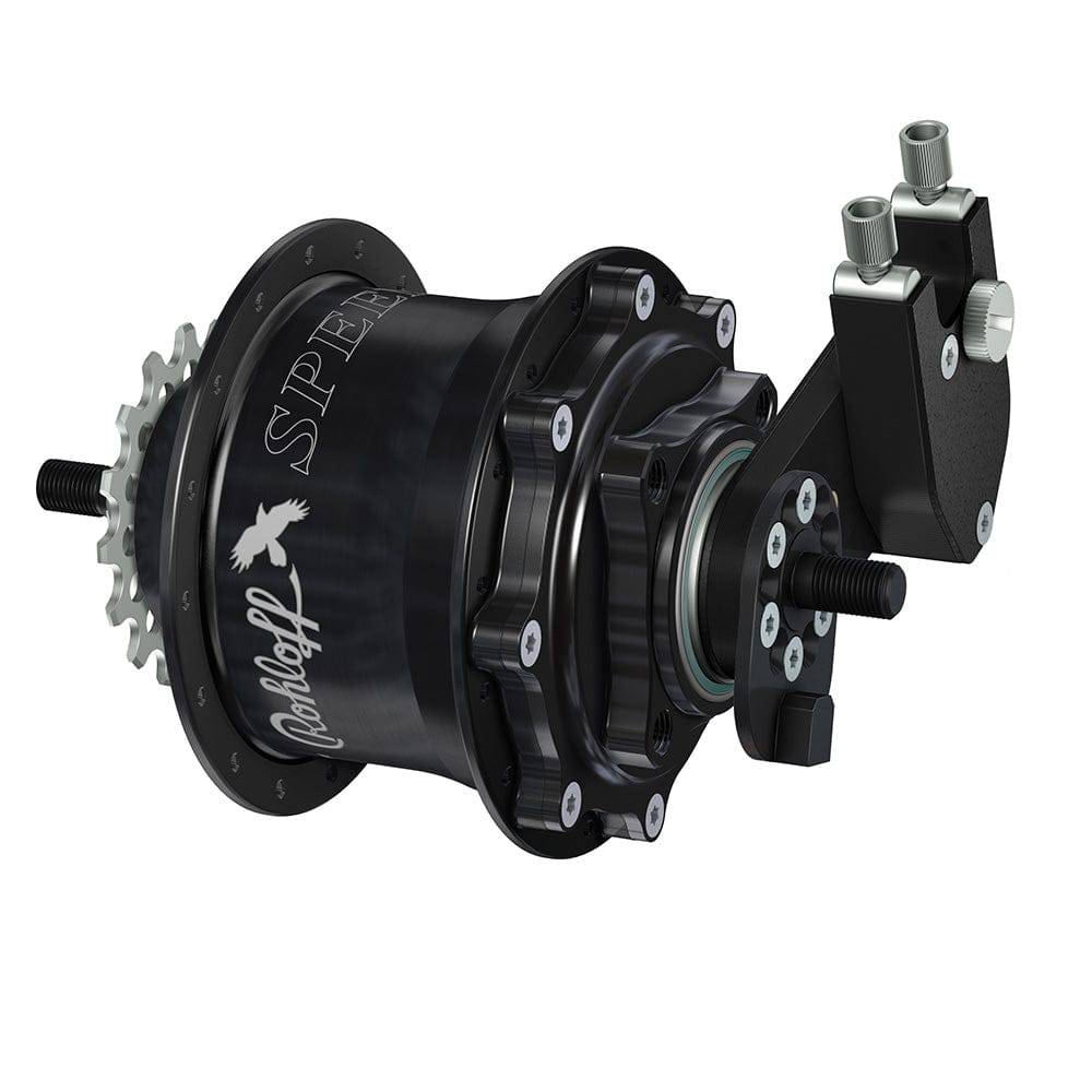 Rohloff OEM Speedhub 500/14 bicycle hub with sealed 14-speed gear system and metal body, close-up view of the component.