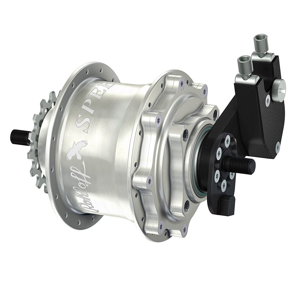 Rohloff OEM Speedhub 500/14 bicycle hub with sealed gear system and 14-speed design, showing the hub's exterior and gear mechanism.