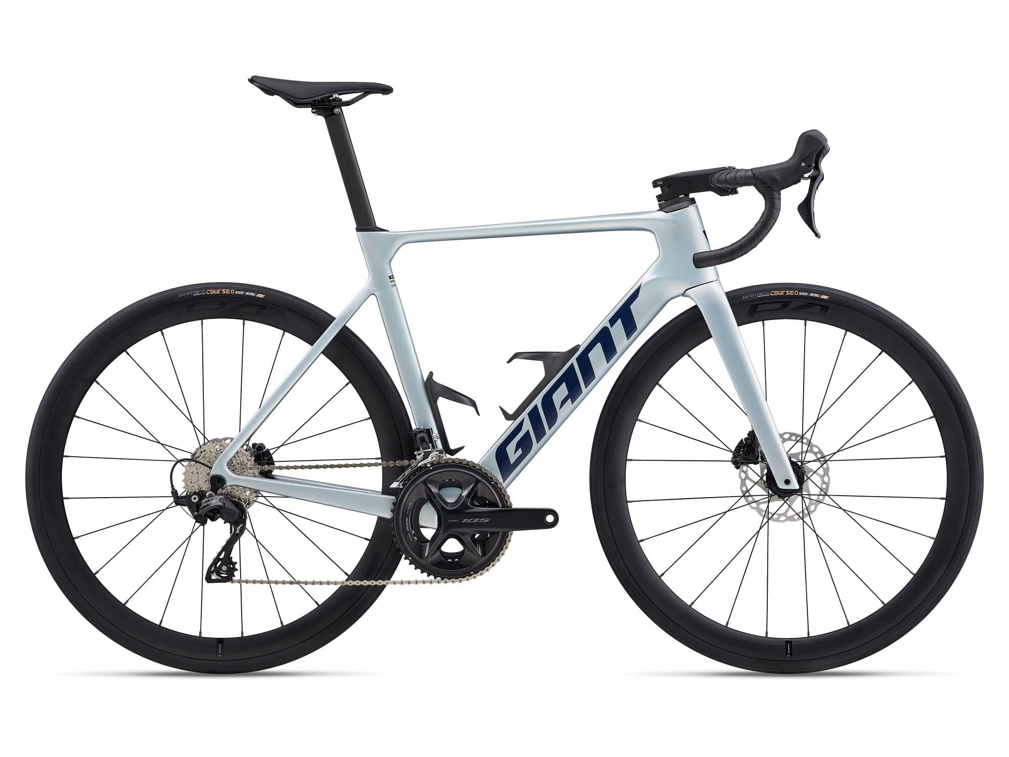 Giant Propel Advanced 2 2026 road bike with aero carbon frame and disc brakes, shown from side view, ready for cycling.