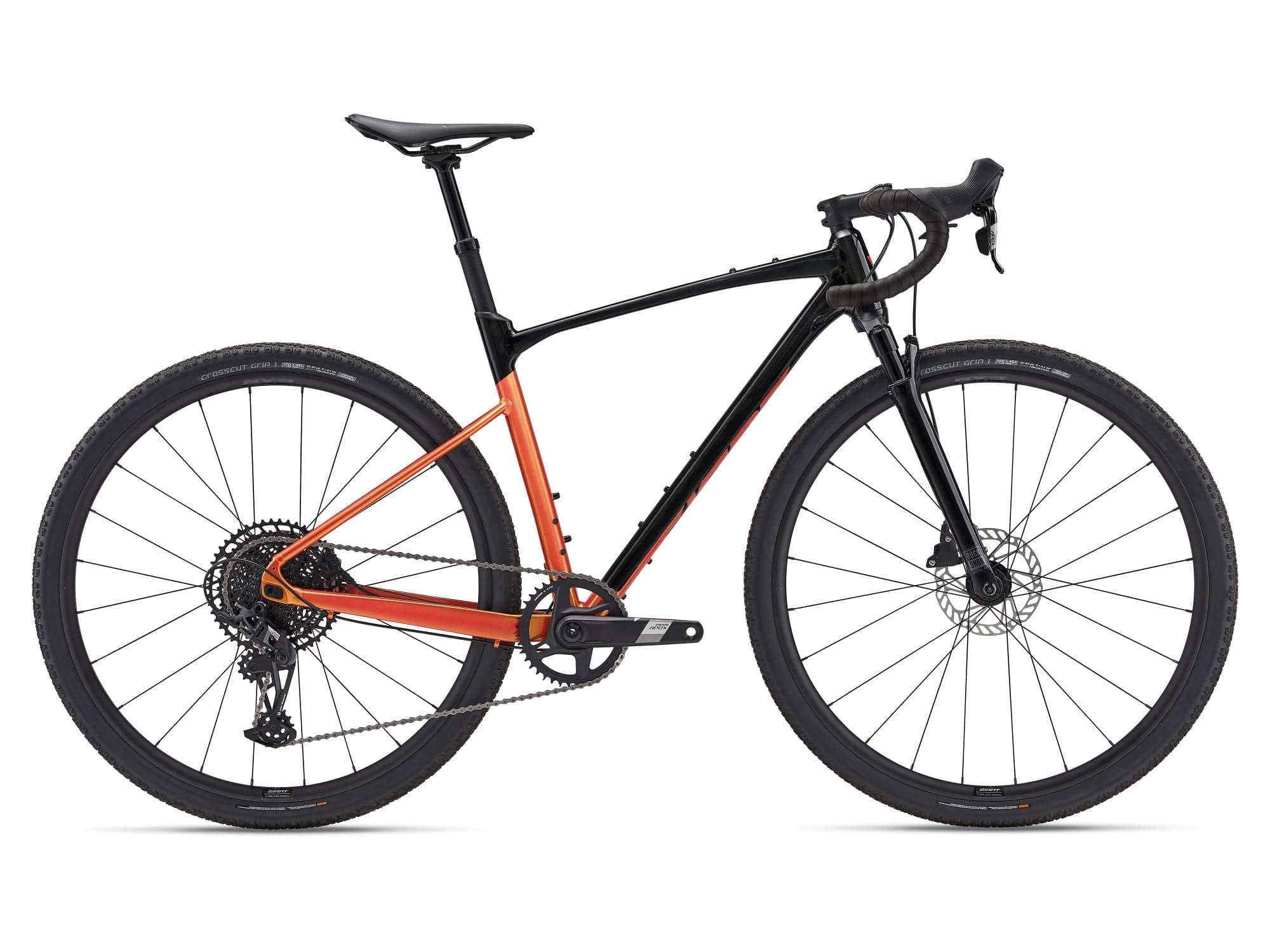 Giant Revolt X 1 2026 gravel bike with front suspension and adjustable geometry, shown from side view highlighting frame and tires.