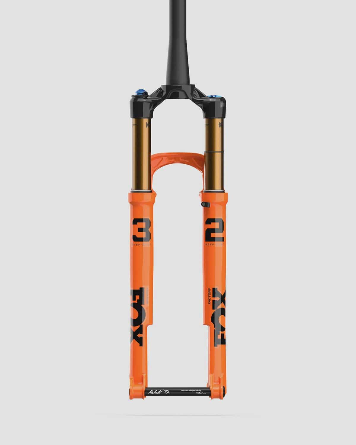Fox 32 SC Float Factory GRIP SL suspension fork with Kashima coating and boost axle, showing the fork's front view with adjustable controls.