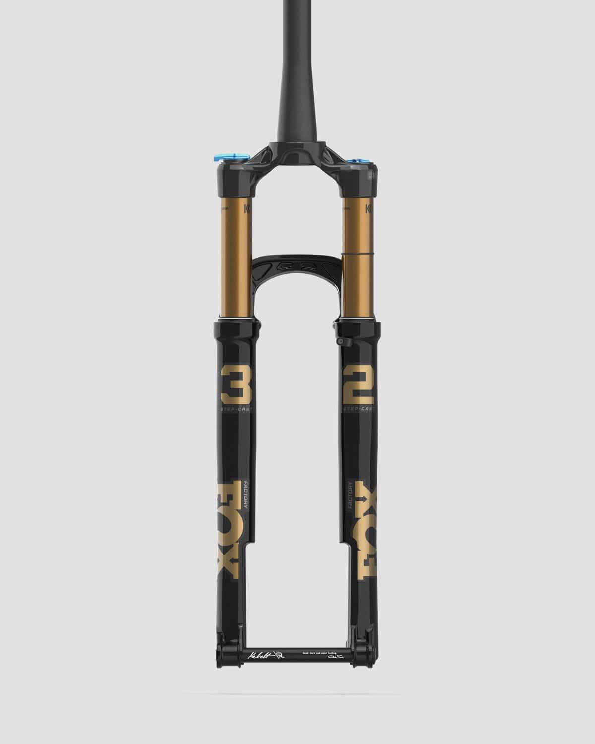 Fox 32 SC Float Factory GRIP SL suspension fork with Kashima coating and Boost axle for mountain bikes, shown in black.