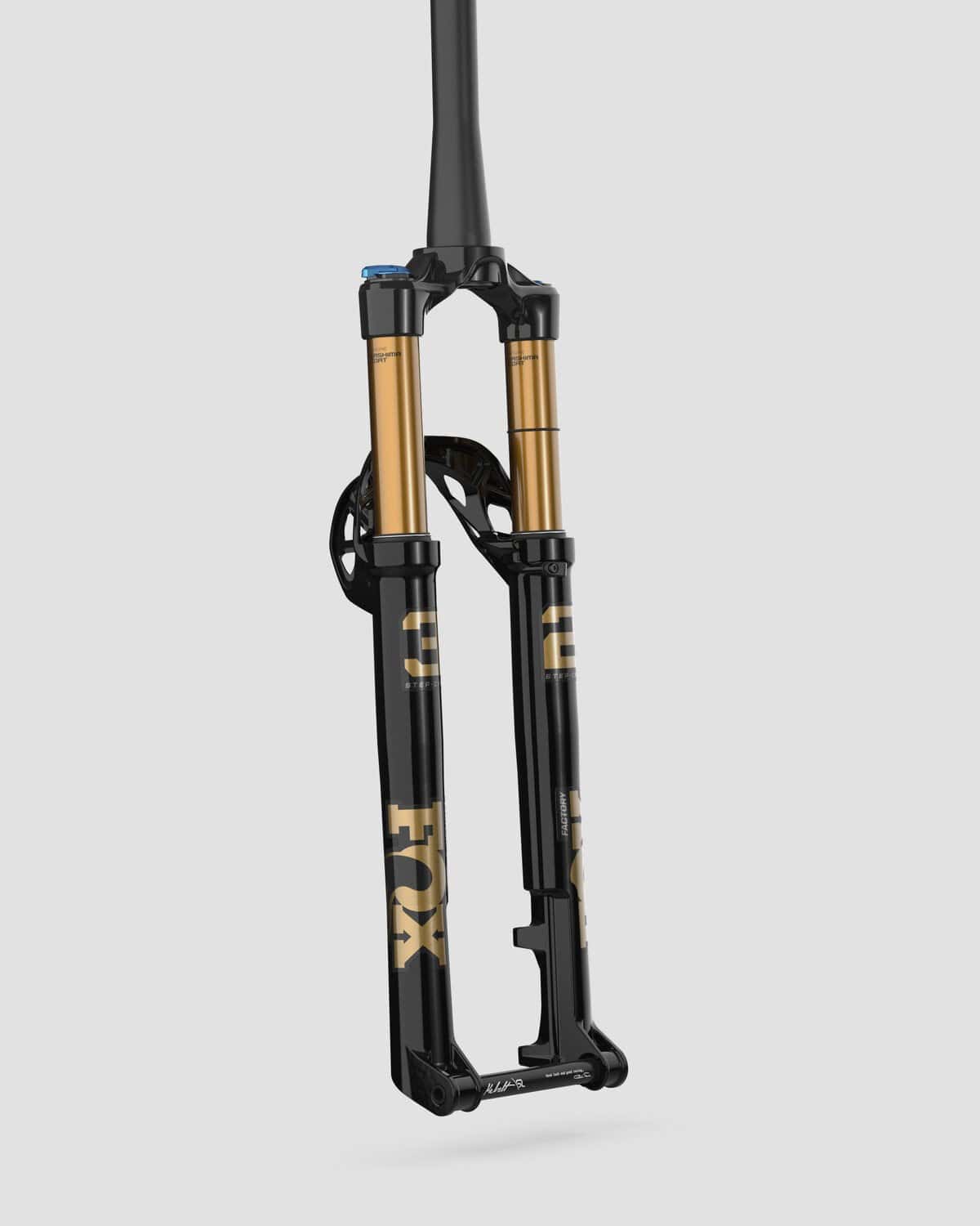 Fox 32 SC Float Factory GRIP SL suspension fork with Kashima coating and boost axle, shown in black.
