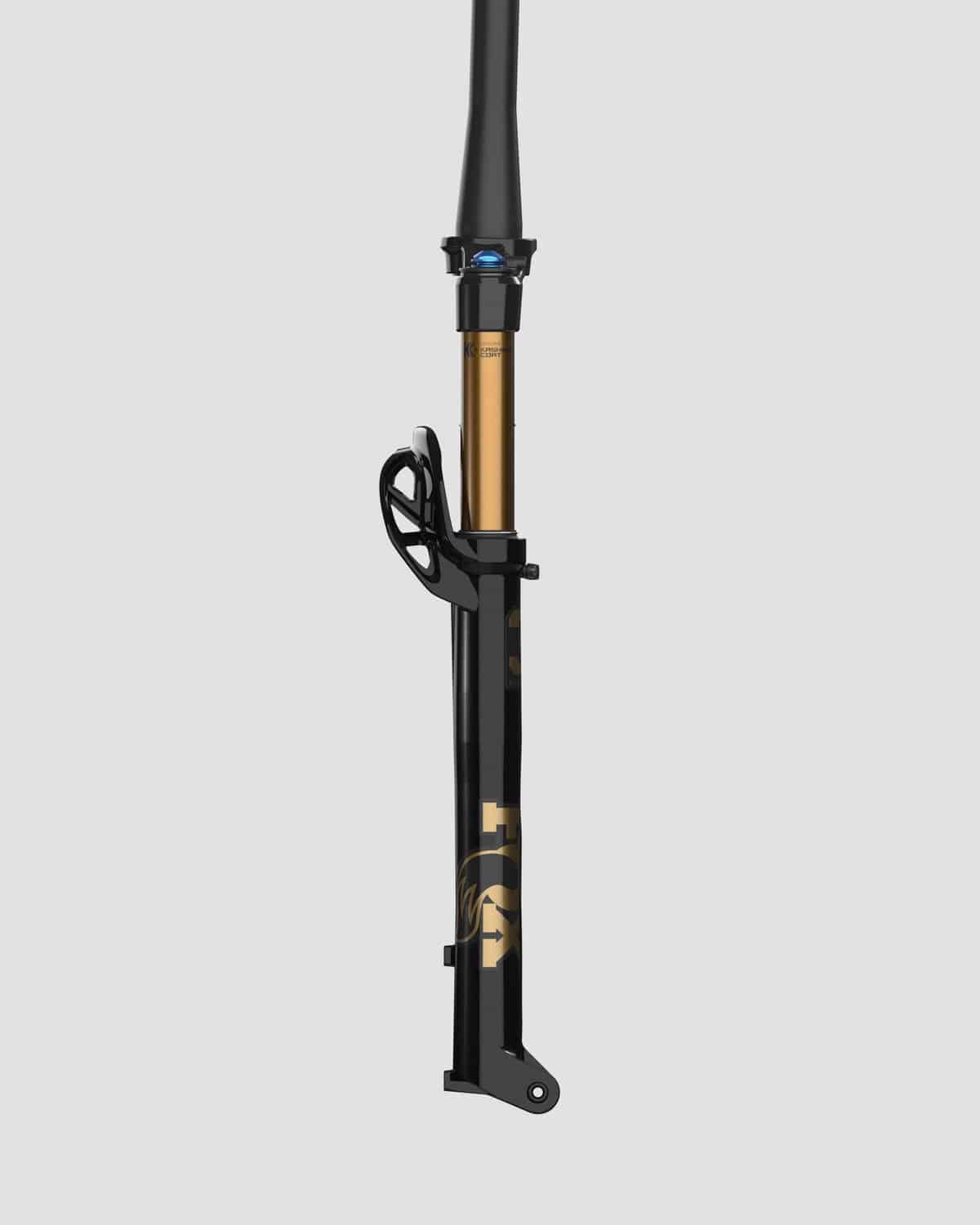 Fox 32 SC Float Factory GRIP SL suspension fork with Kashima coating and Boost axle, shown from the side with adjustable controls.