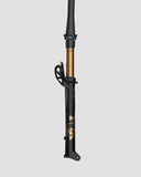 Fox 32 SC Float Factory GRIP SL suspension fork with Kashima coating and boost axle, shown from side view with black finish.