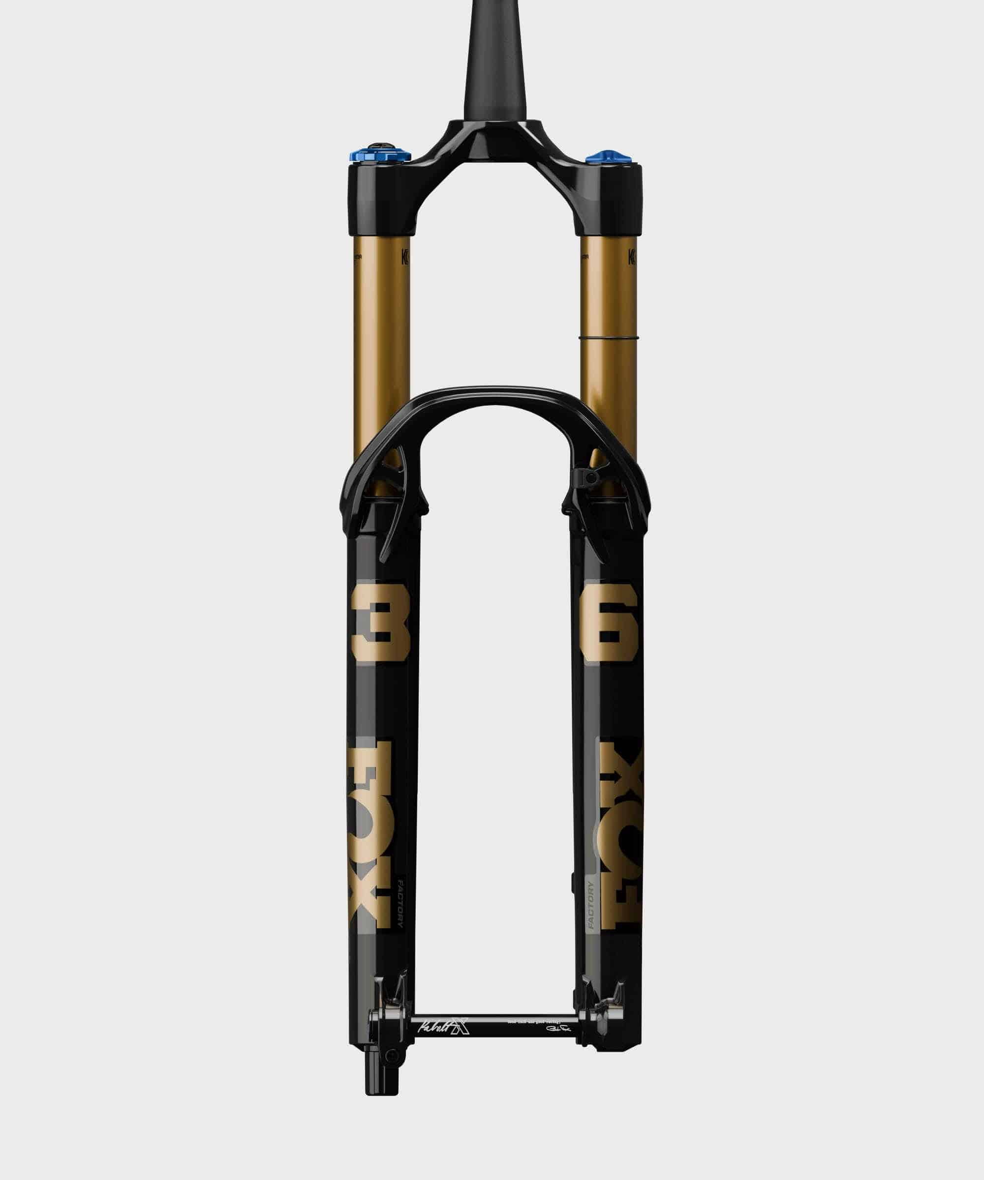 Fox 36 Float Factory GRIP X2 tapered fork for all-mountain and enduro bikes, showing the robust suspension components and branding.