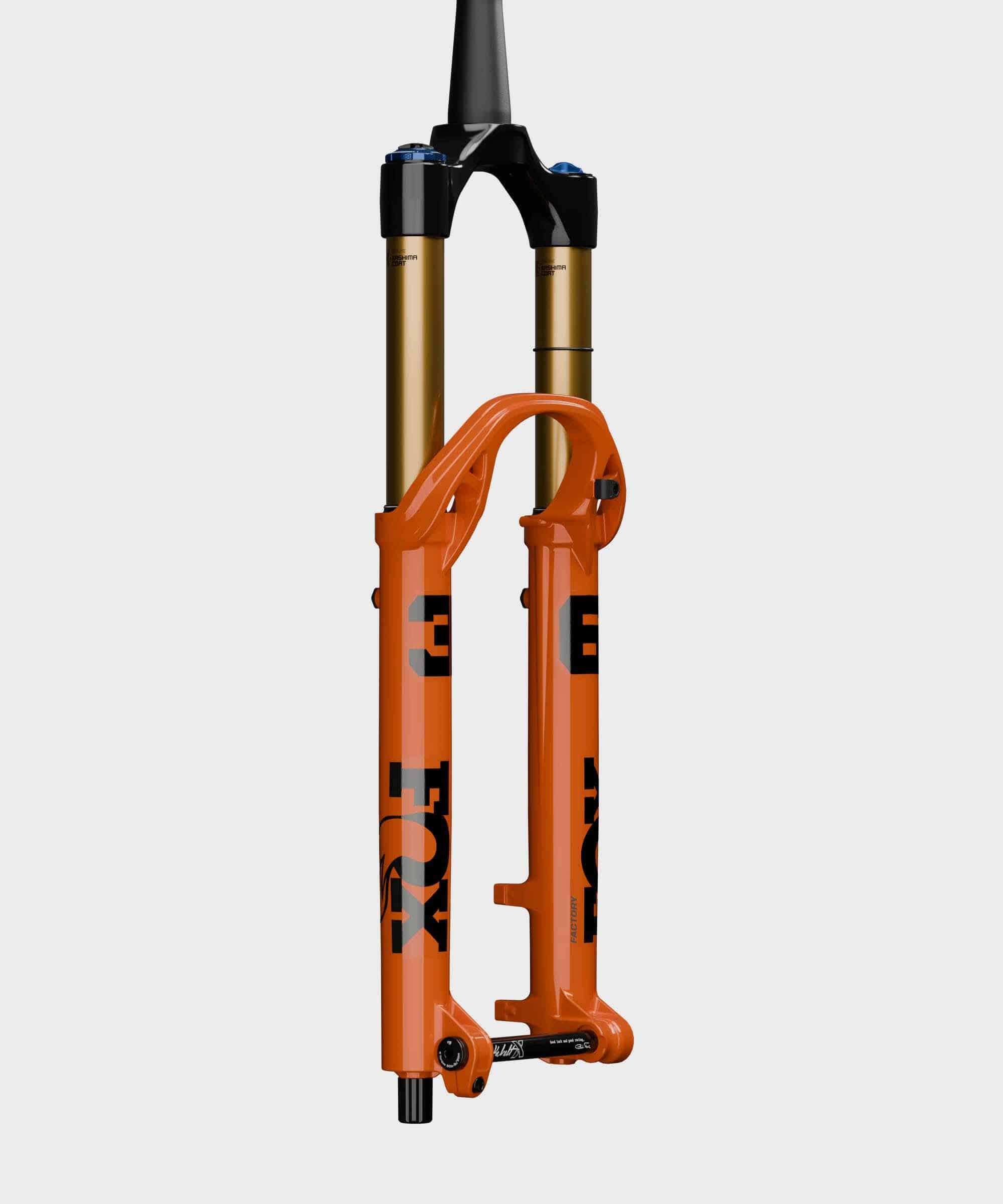 Fox 36 Float Factory GRIP X2 tapered fork for all-mountain and enduro riding, showing the suspension components and adjustable features.