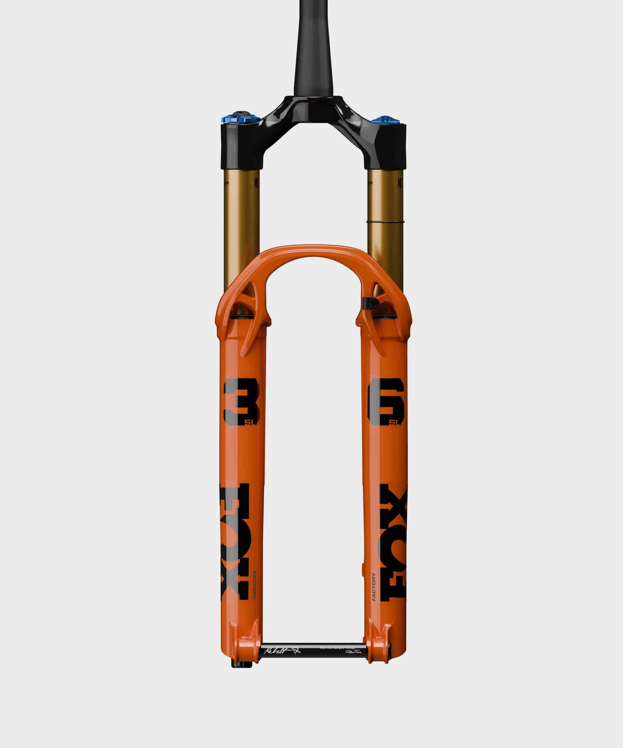 Fox 36 SL Float Factory GRIP X tapered mountain bike suspension fork with black stanchions and Fox logo, mounted on a bike.