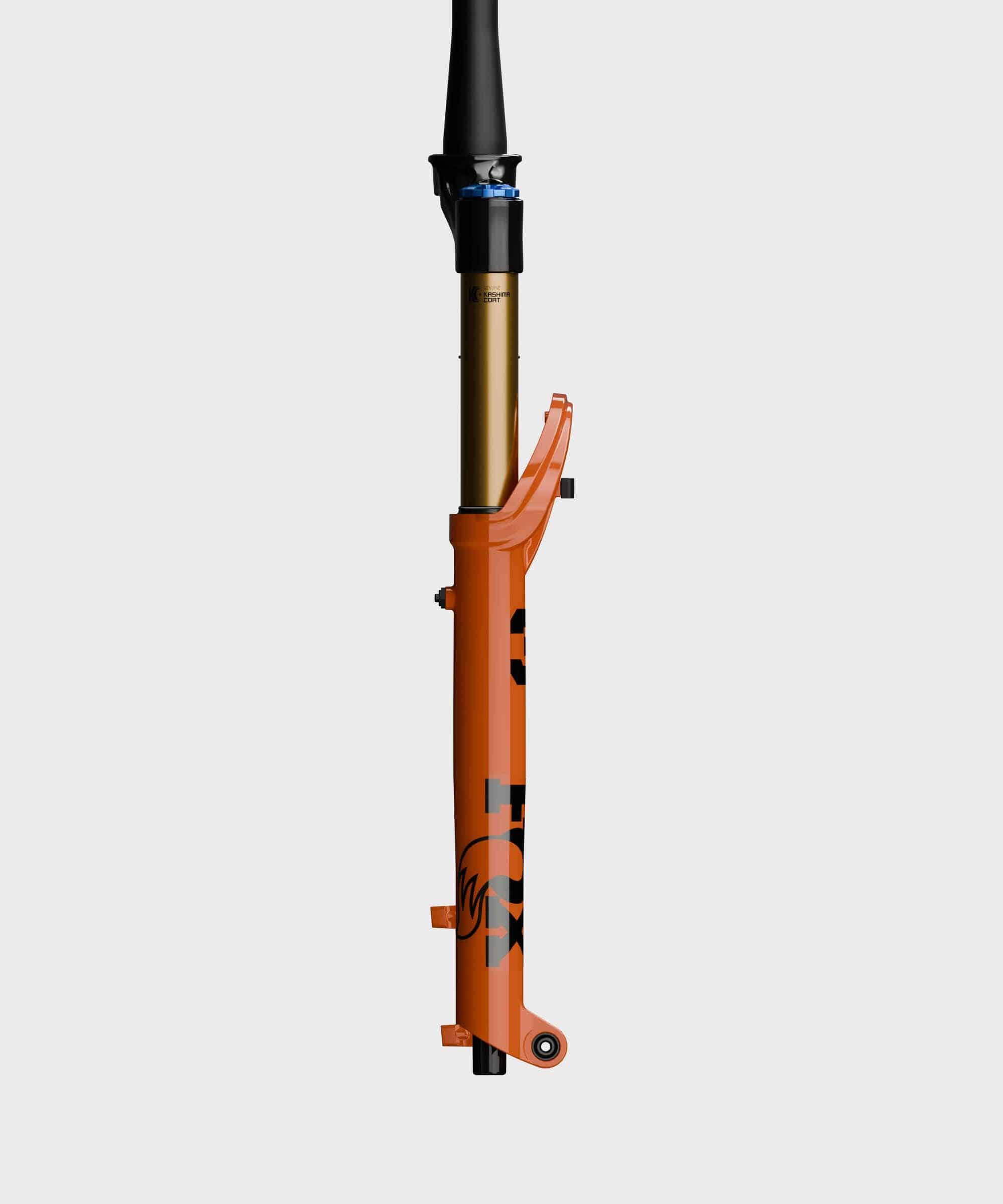 Fox 36 SL Float Factory GRIP X tapered mountain bike suspension fork displayed with stanchions and crown in a close-up image.