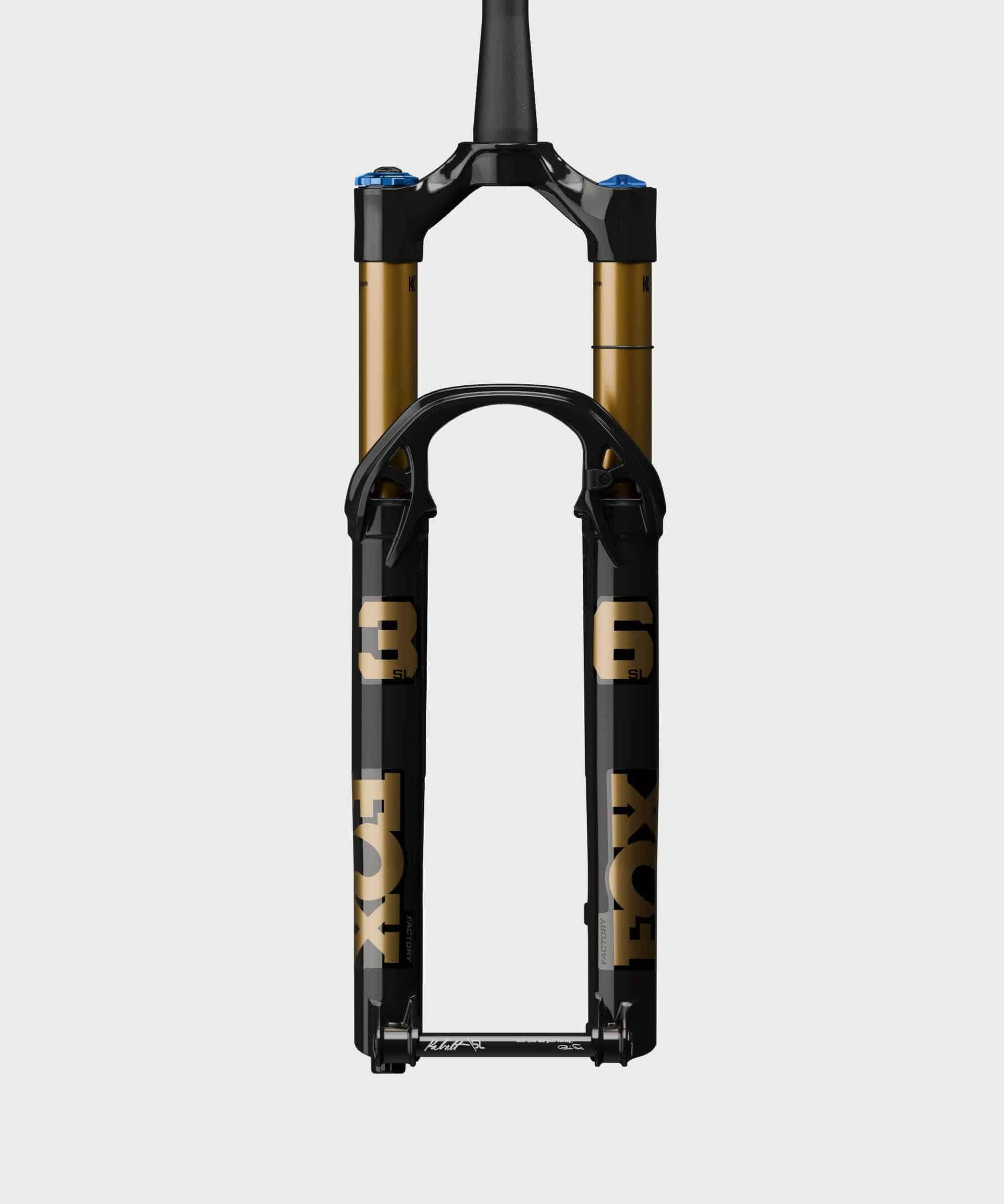 Fox 36 SL Float Factory GRIP X tapered mountain bike suspension fork, showing the black and green fork with detailed stanchions.