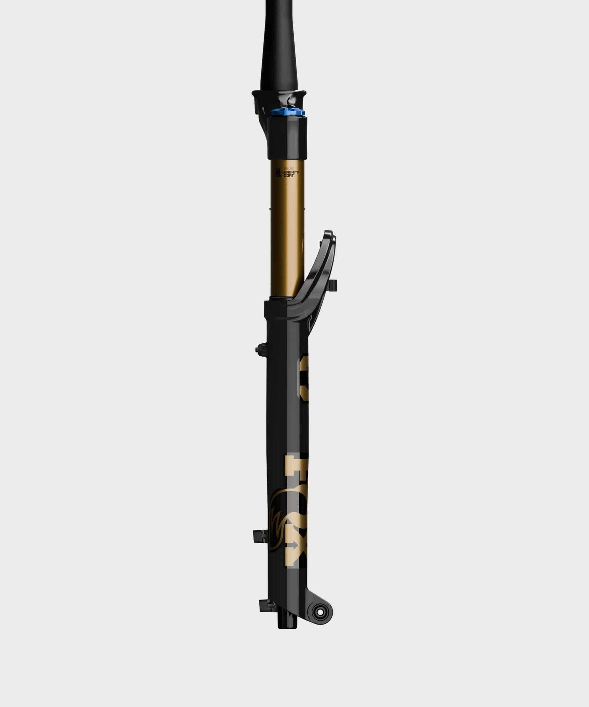 Fox 36 SL Float Factory GRIP X tapered mountain bike suspension fork, showing its black anodized finish and sturdy construction.