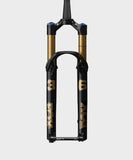 Fox 36 SL Float Factory GRIP X tapered mountain bike suspension fork, showing the sleek black and gold design and stanchions.