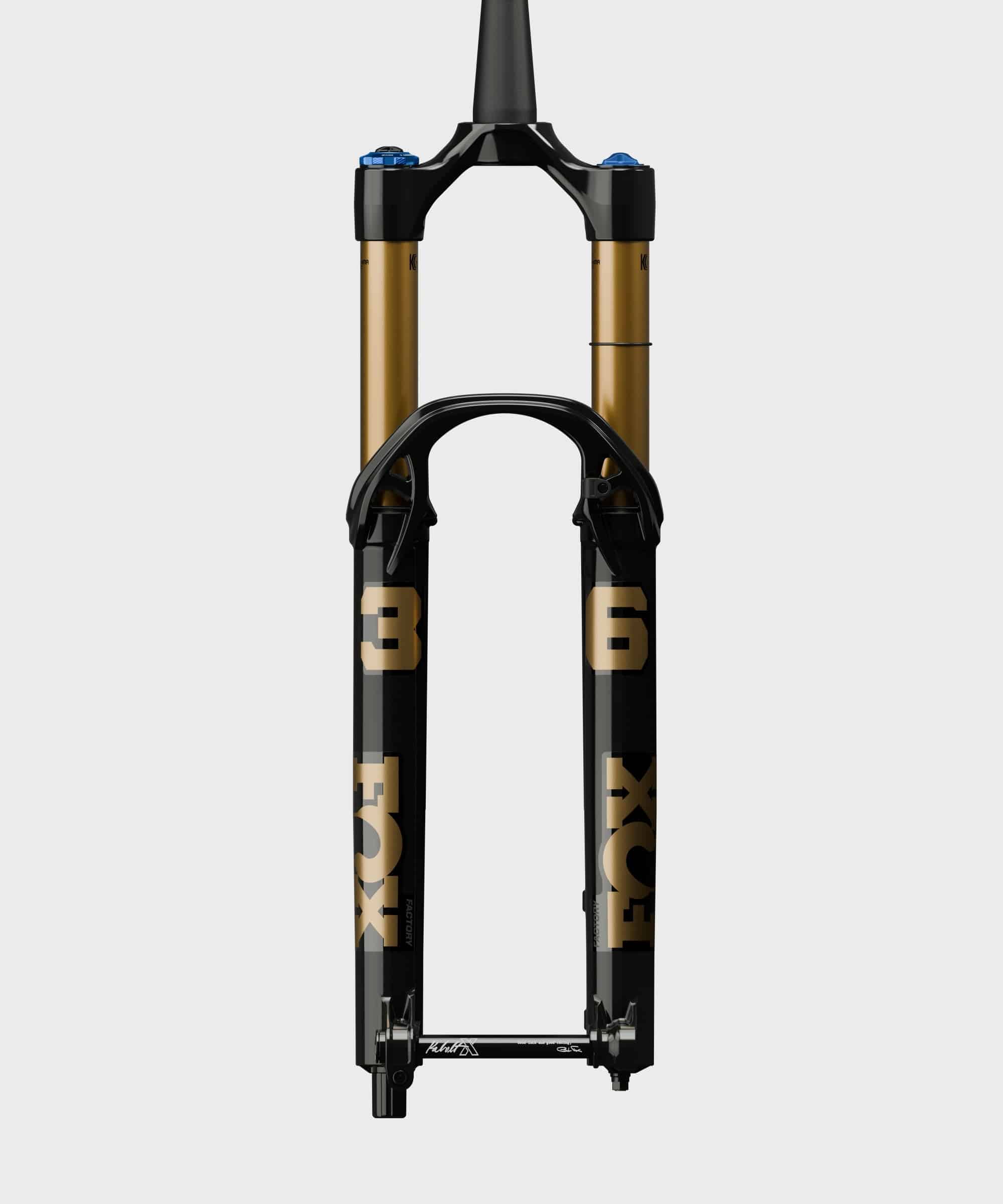 Fox 36 Float Factory GRIP X tapered mountain bike fork showing suspension components and sleek black finish.