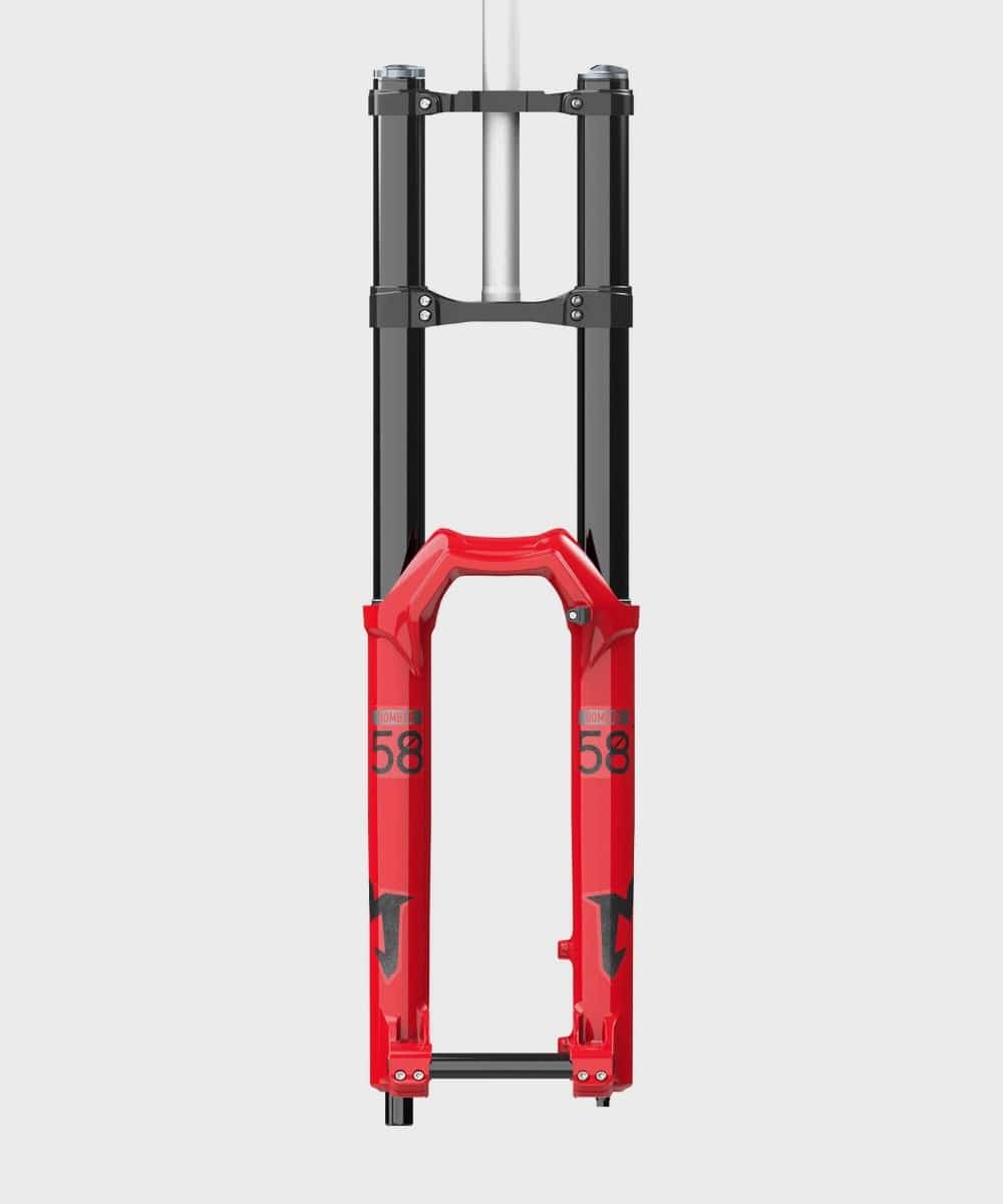 Marzocchi Bomber 58 GRIP downhill fork with advanced suspension technology, showing the sturdy fork with gold stanchions and suspension components.