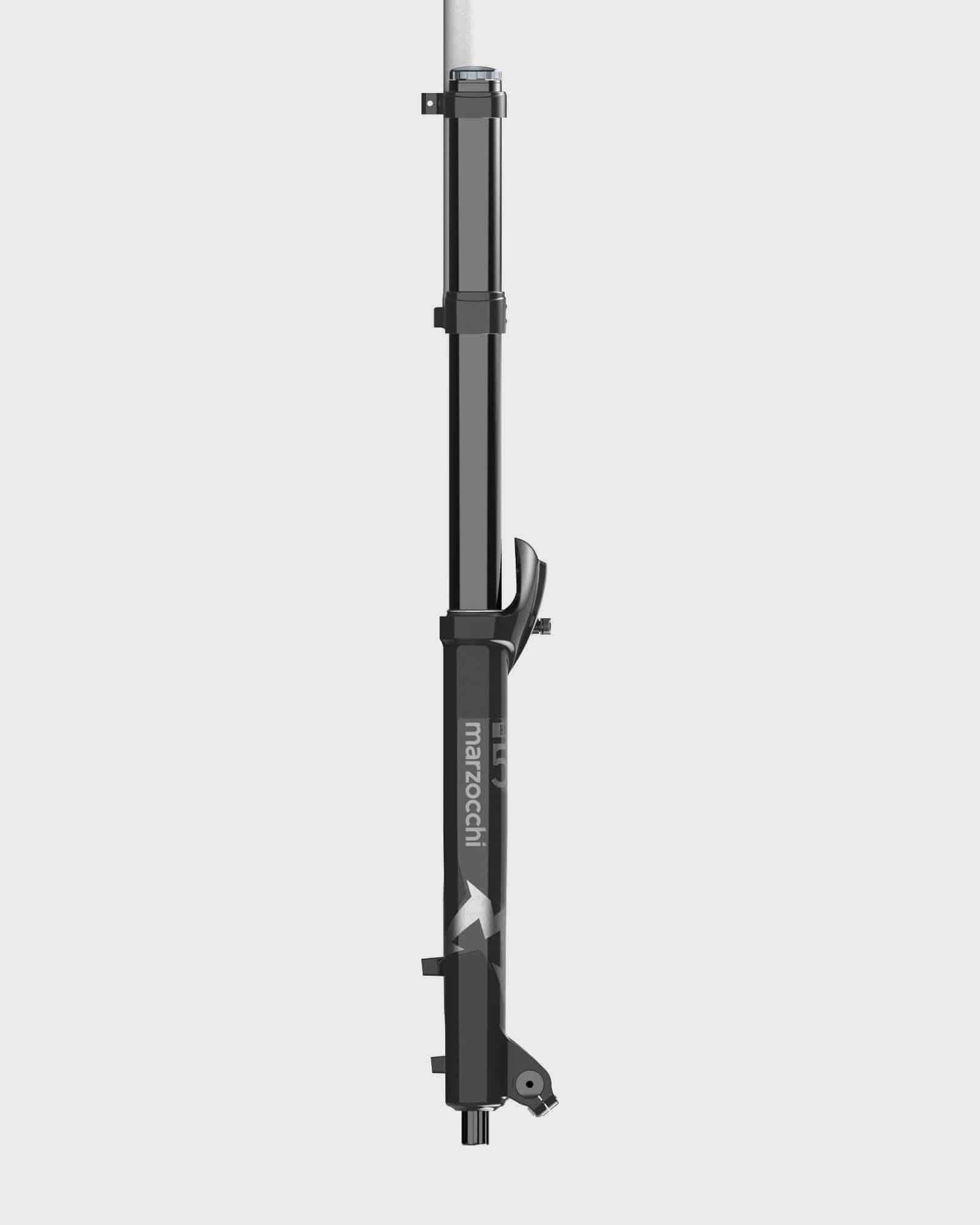 Marzocchi Bomber 58 GRIP downhill fork with advanced suspension technology, showing the black fork with gold accents and knobby tire.