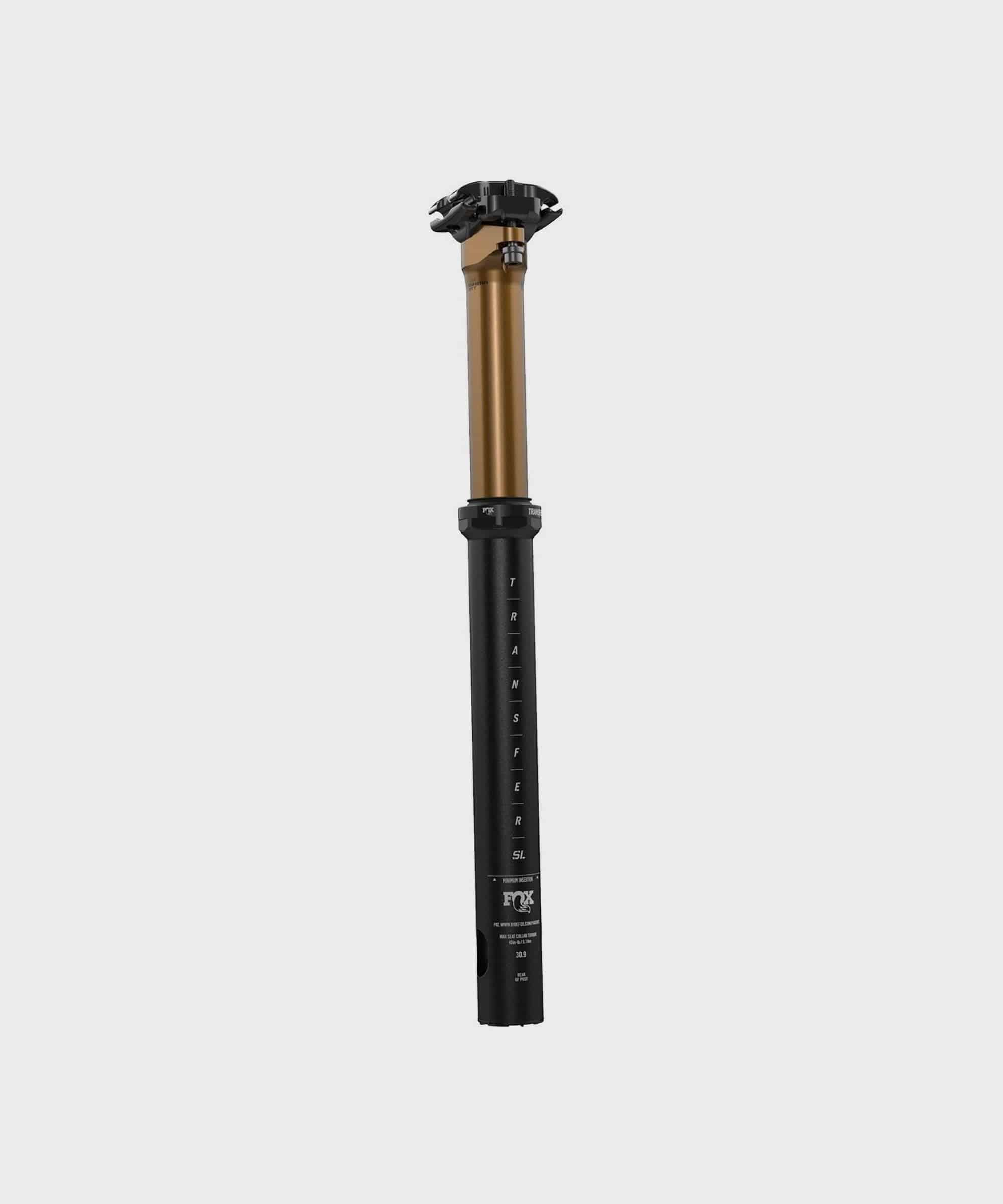Fox Transfer SL Factory dropper seatpost for gravel and XC racing, showing the sleek black component with adjustable travel options.