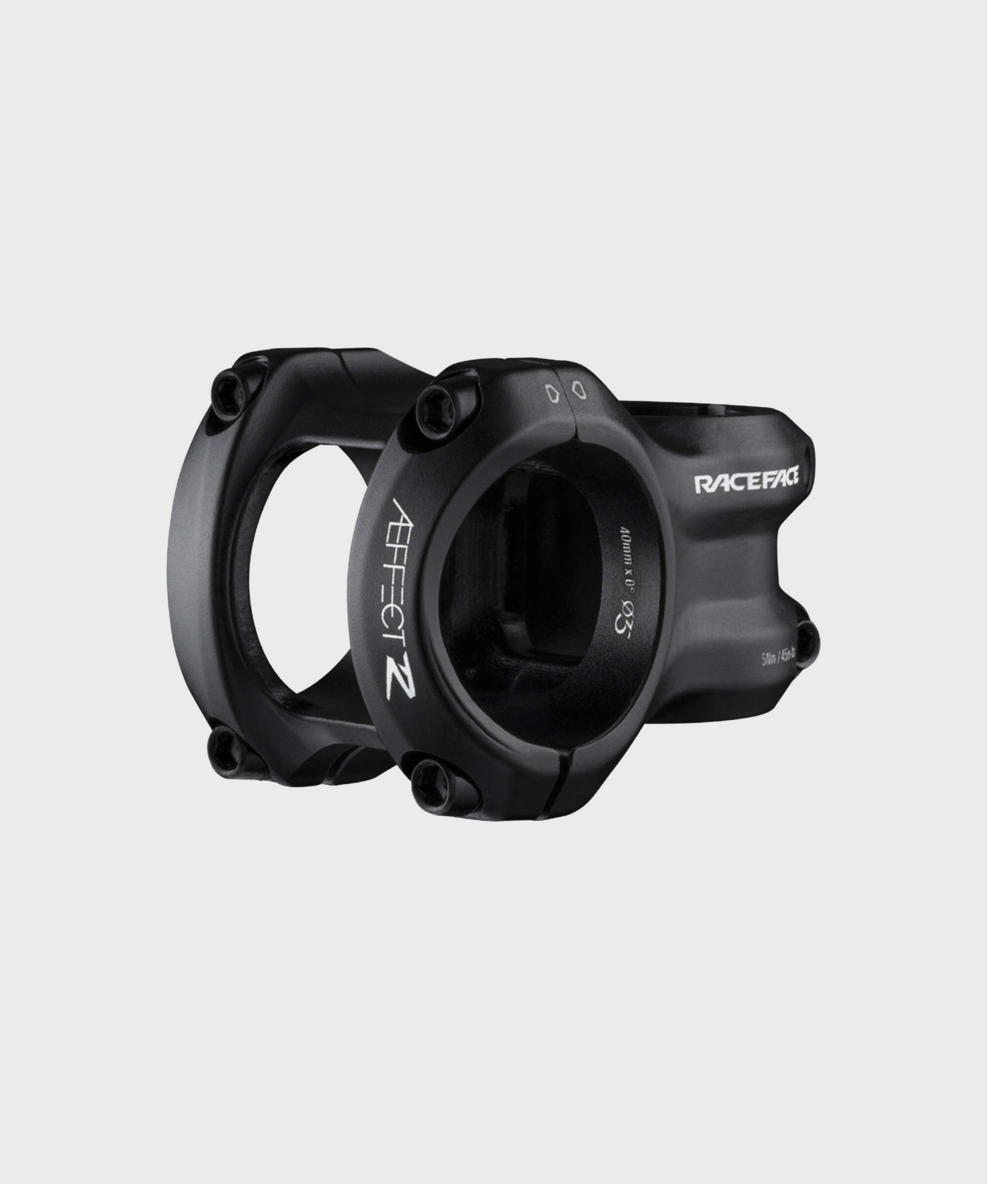 Race Face Aeffect R MTB stem in matte black with 35mm clamp and 1 1/8" steerer tube, designed for mountain bike components.