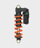 Fox DHX Live Valve Neo rear shock with sensor, electronic suspension component for mountain bikes, showcasing the shock's design and linkage.