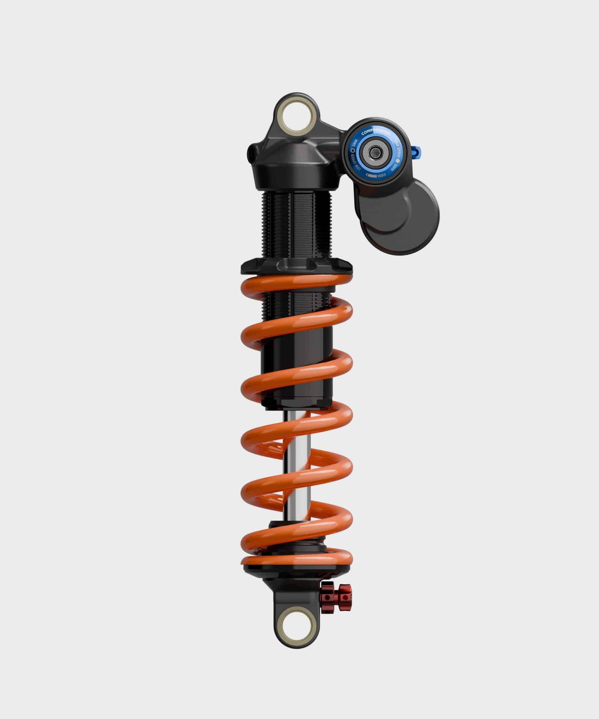 Fox DHX2 Factory mountain bike rear shock with 2-position adjustable damper, black with blue accents, showing the shock's label and mounting hardware.