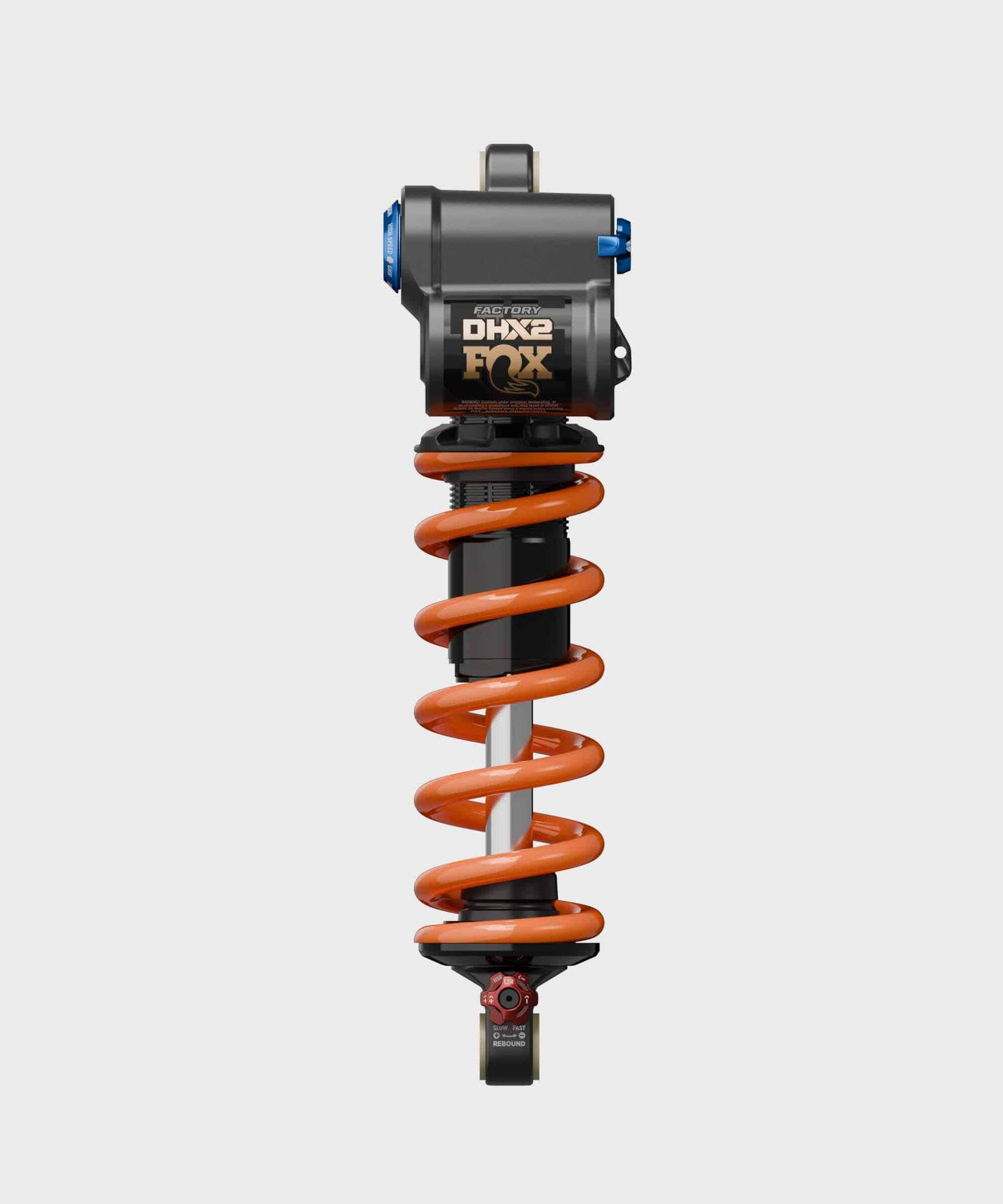 Fox DHX2 Factory mountain bike rear shock with 2-position adjustable damping, showcasing the black and silver component.