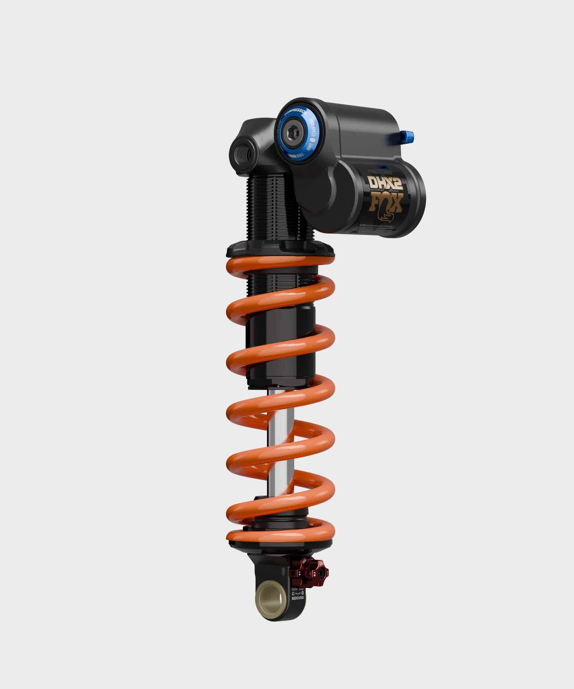 Fox DHX2 Factory mountain bike rear shock with 2-position adjustable, showcasing its sleek design and high-performance components.