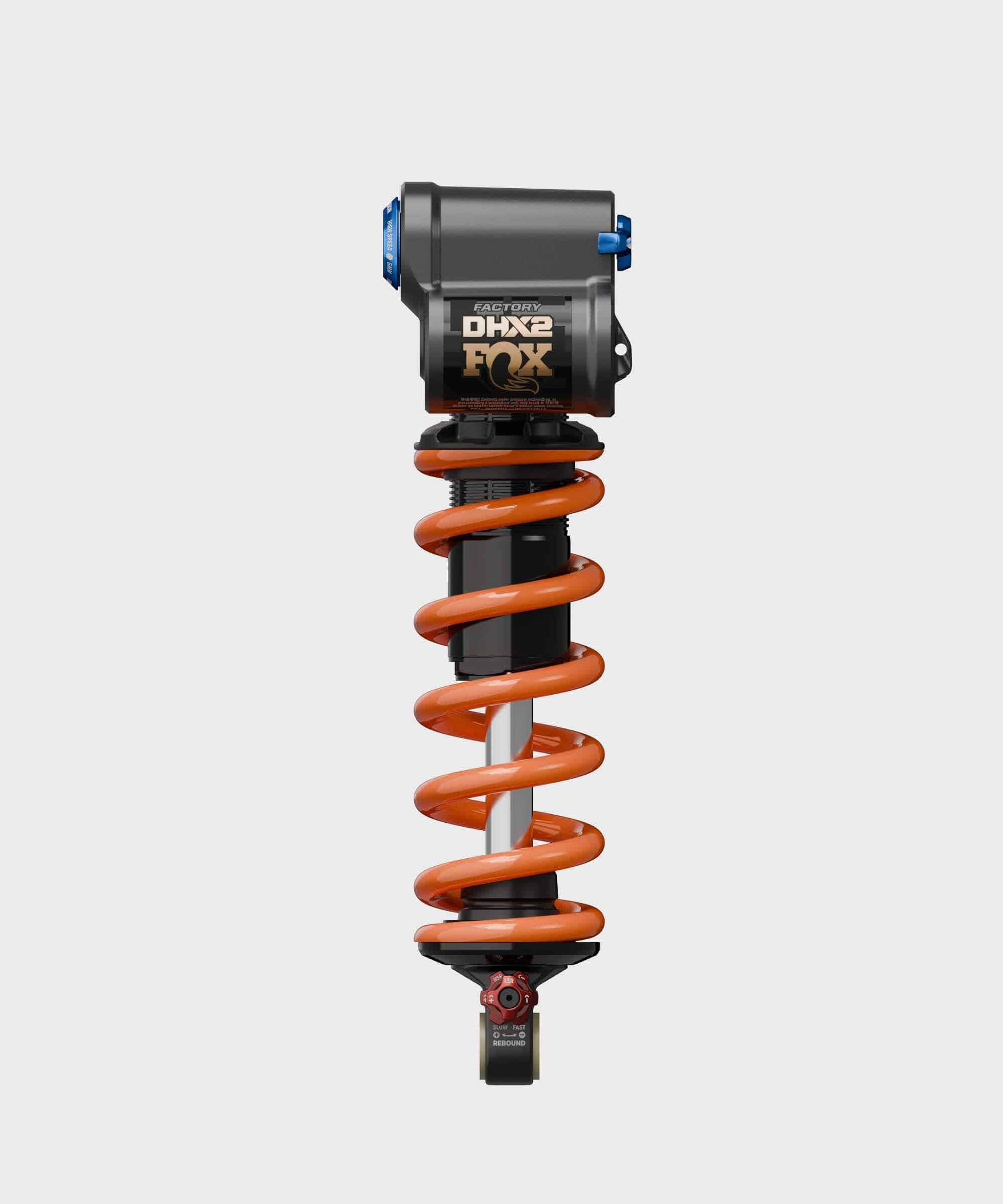 Fox DHX2 Factory mountain bike rear shock with 2-position adjustable damper, featuring black body and silver hardware.