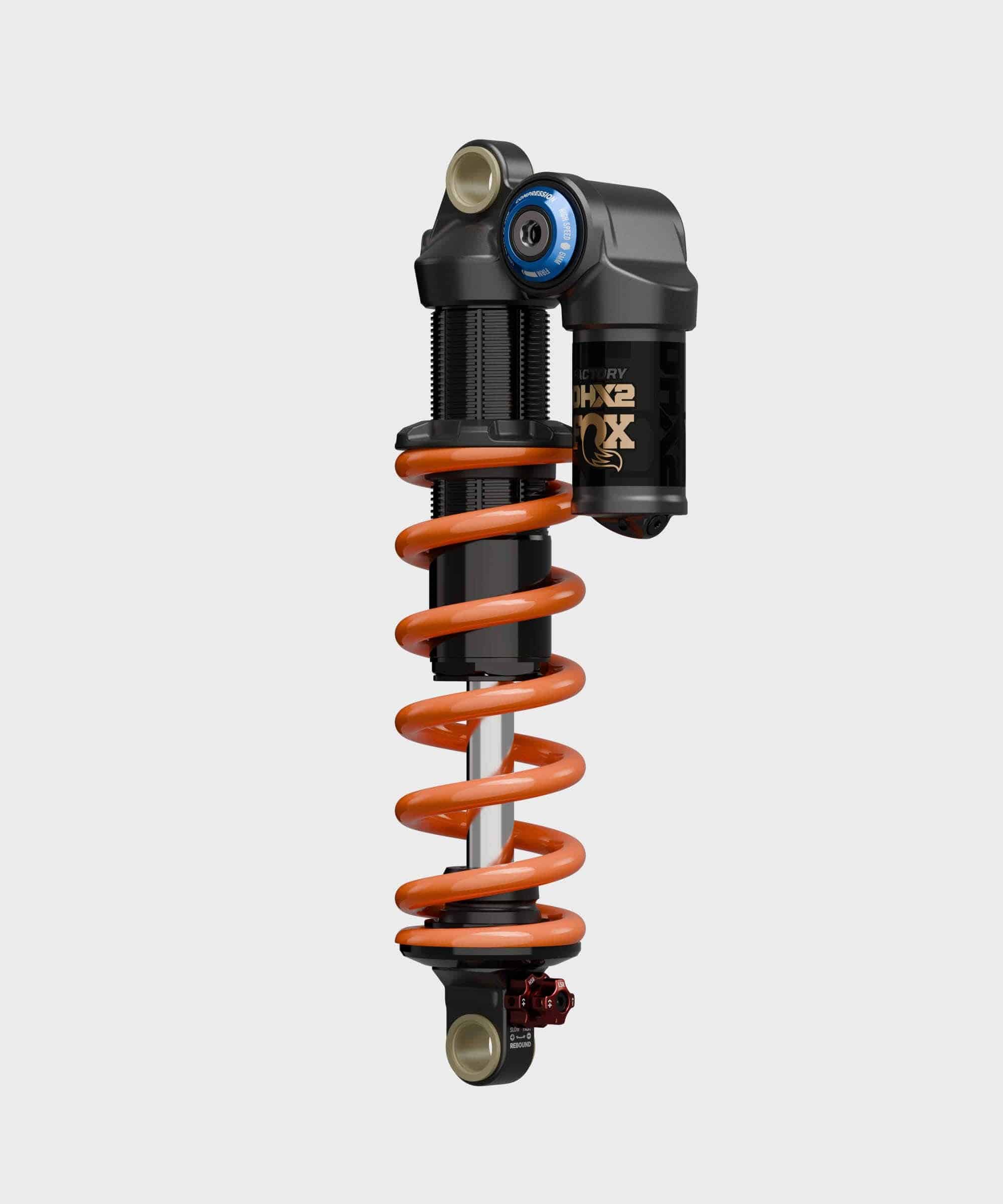Fox DHX2 Factory coil rear shock for mountain biking, featuring four-way adjustability and high-performance MTB trail components.