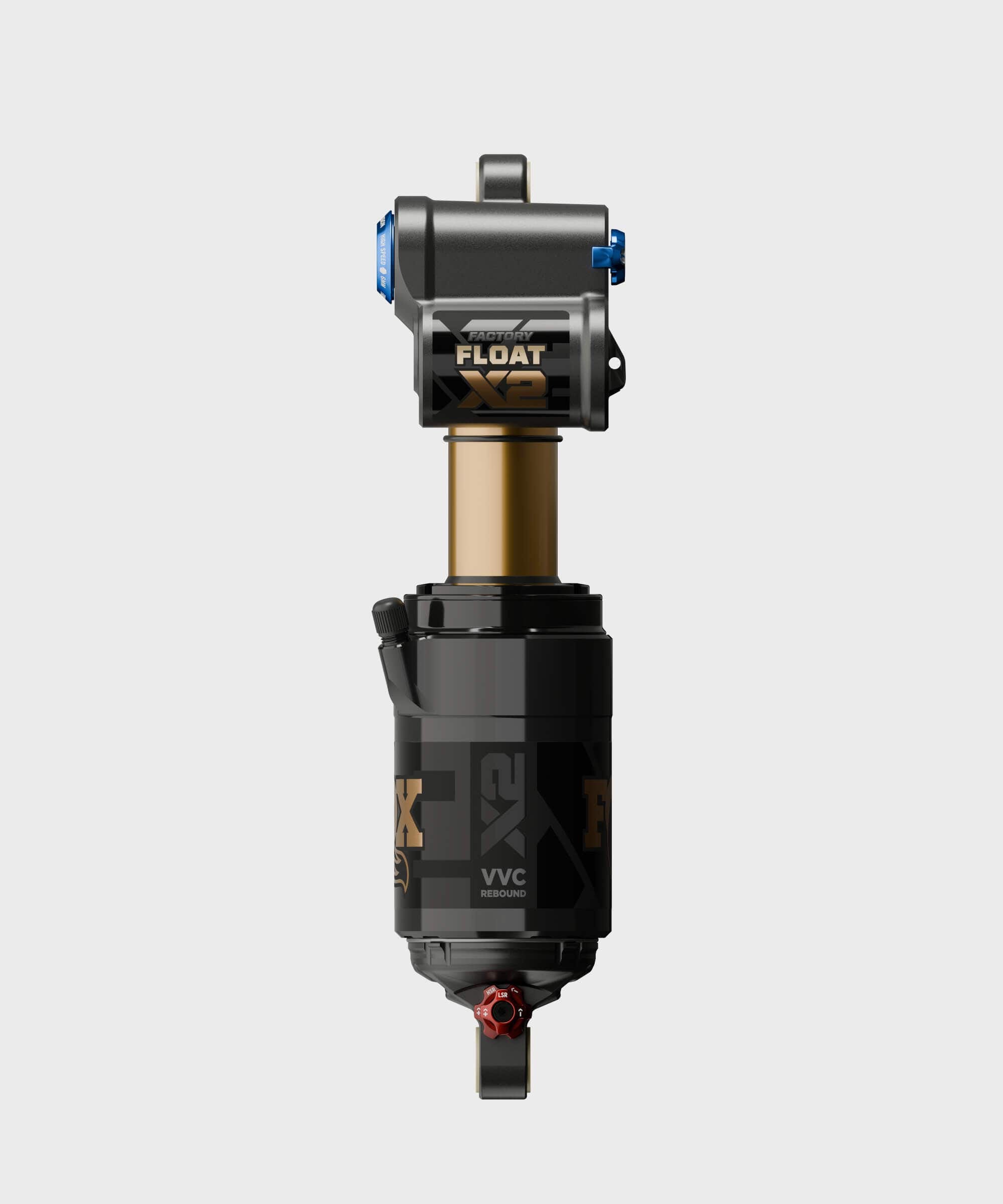 Fox Float X2 Factory mountain bike rear shock with 2-position adjustment, showcasing its high-performance suspension components.