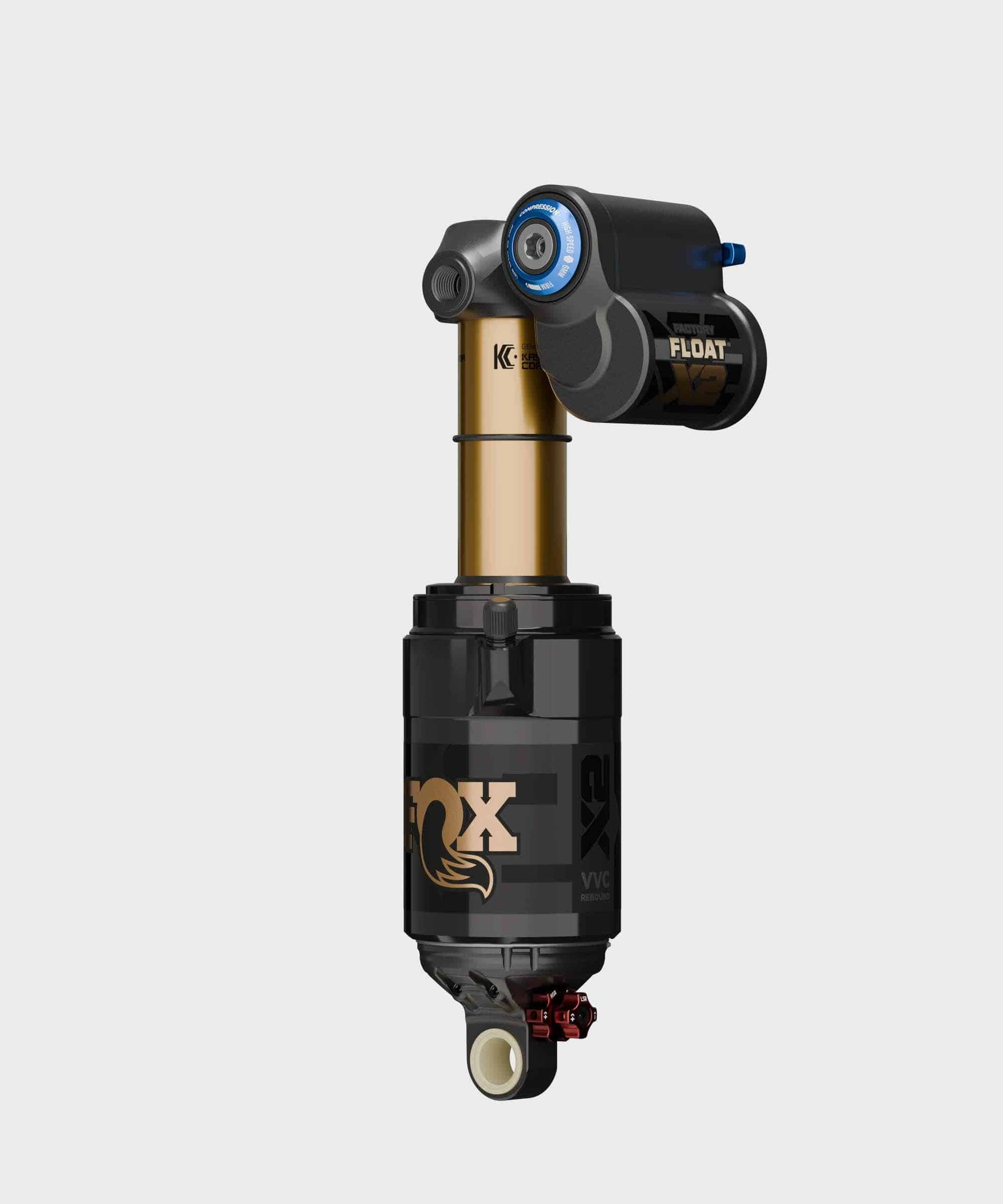 Fox Float X2 Factory mountain bike rear shock with 2-position adjustable damper, showcasing its sleek, high-performance design.