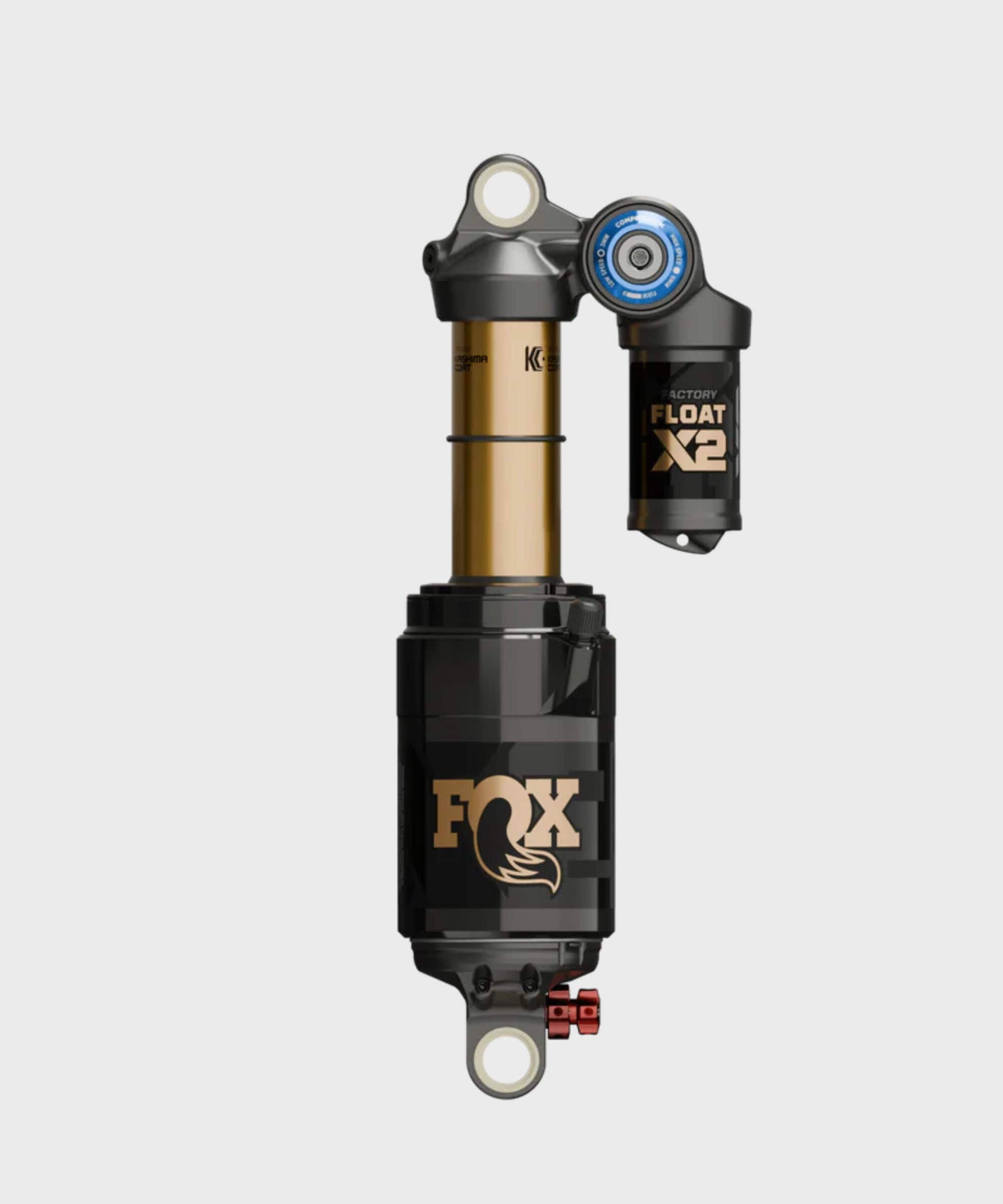 Fox Float X2 Factory rear shock with 4-way adjustability and pressure balancing for mountain bikes, showcasing its sleek design.