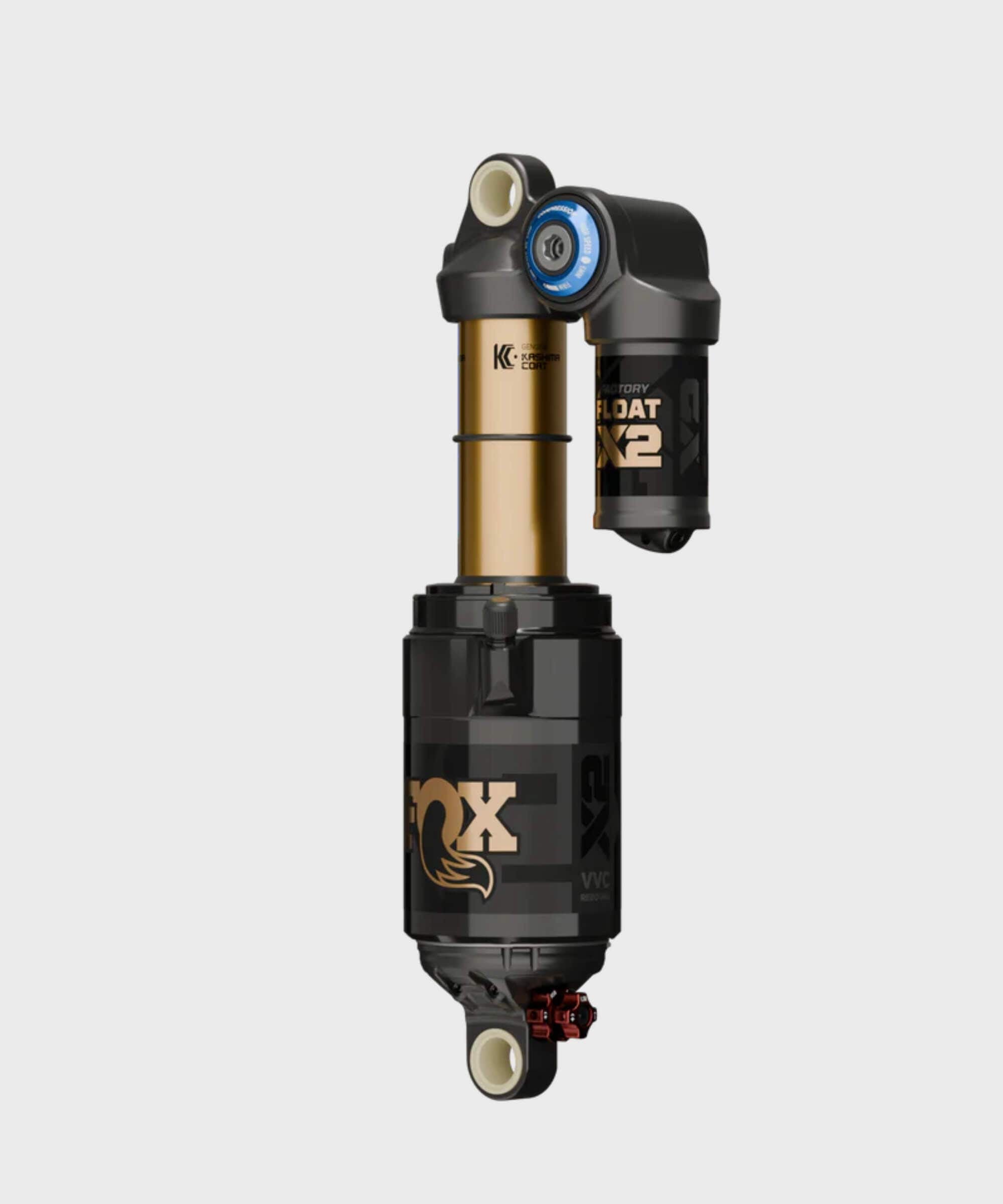 Fox Float X2 Factory rear shock with 4-way adjustability and pressure balancing for mountain bikes, showcasing its sleek design.