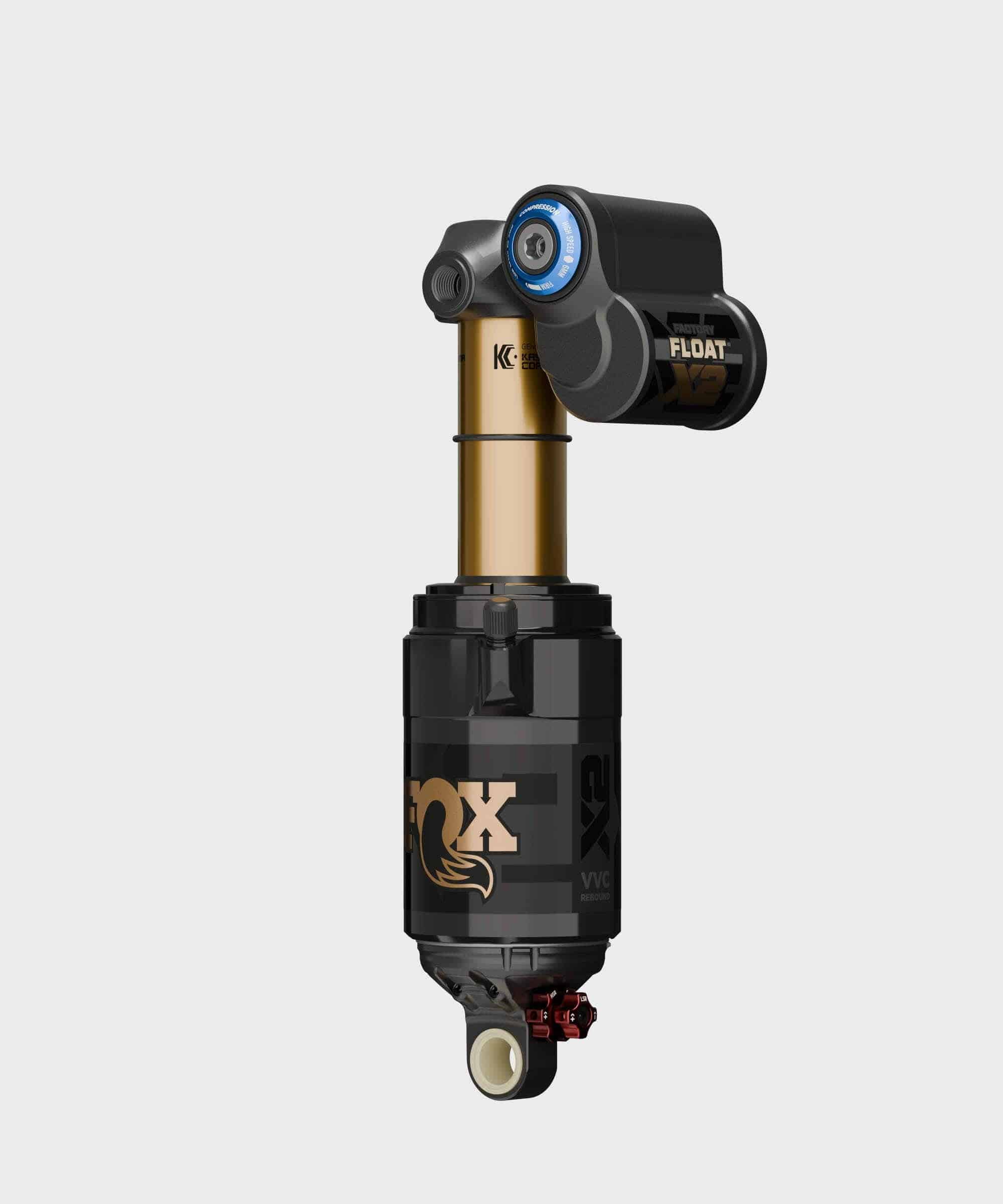 Fox Float X2 Factory rear shock with 4-way adjustability and pressure balancing for mountain bikes, showing its sleek design and controls.