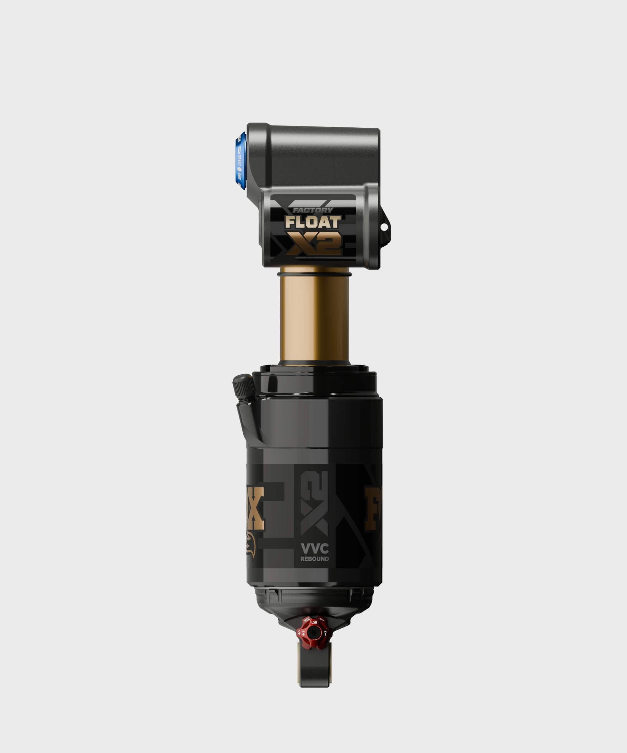 Fox Float X2 Factory rear shock with 4-way adjustability and pressure balancing, showing the high-performance suspension component.