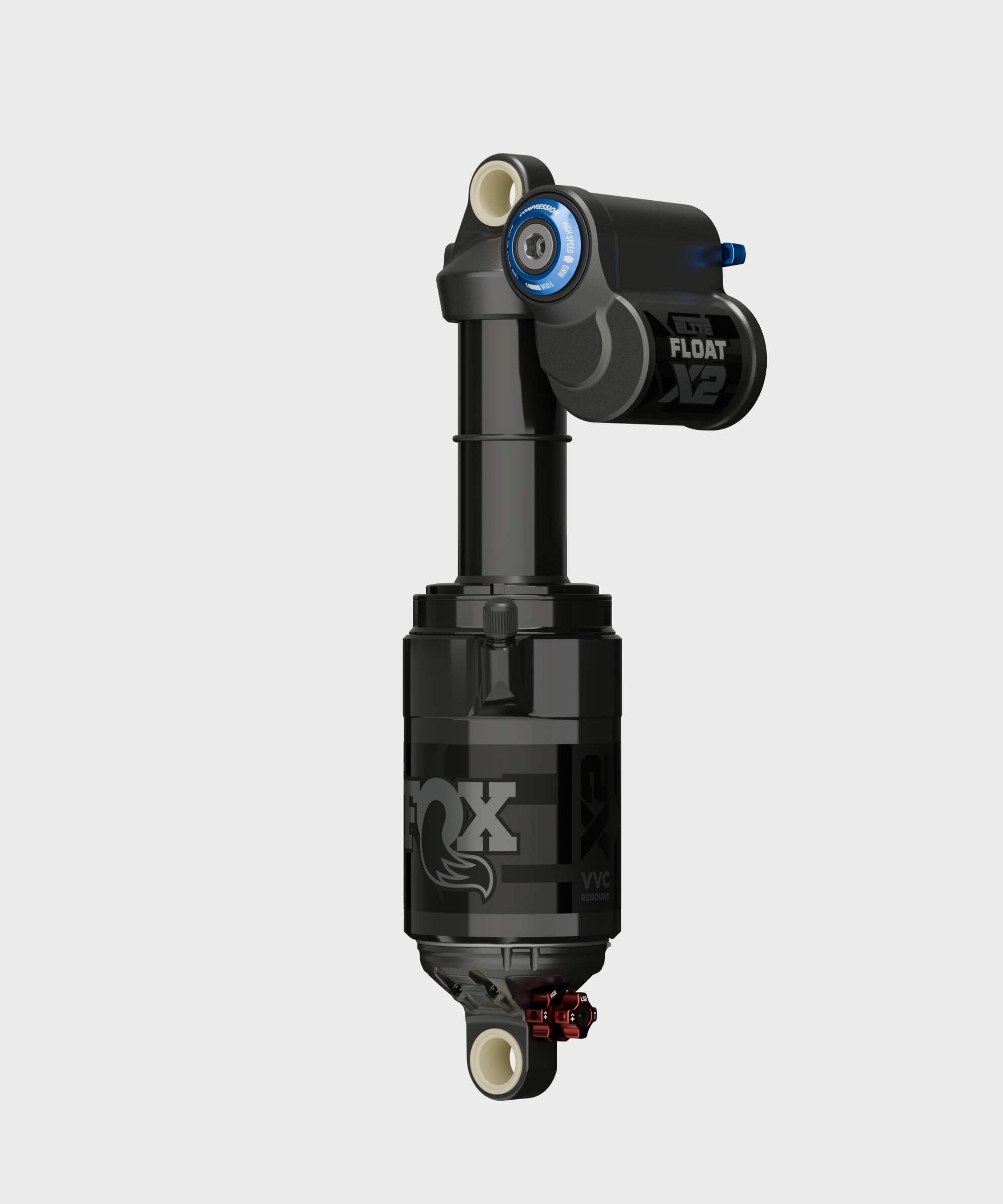 Fox Float X2 Performance Elite rear shock for downhill bikes, showing the adjustable suspension component in black with branding.