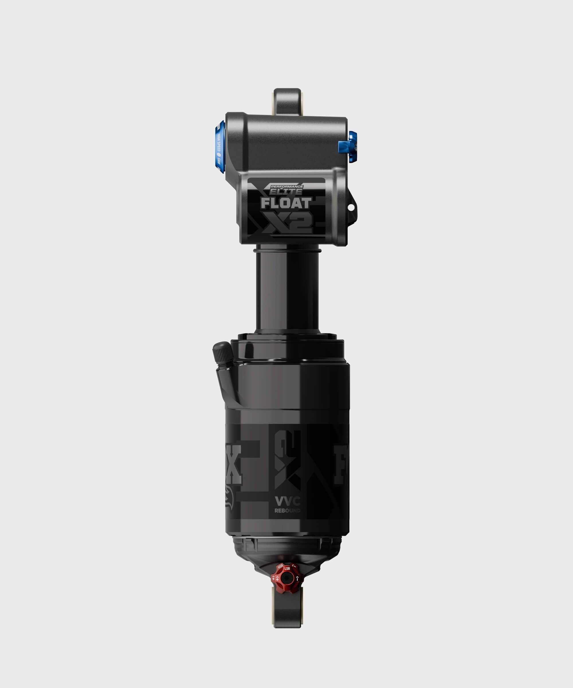 Fox Float X2 Performance Elite rear shock for downhill bikes, showing adjustable suspension components in a close-up image.