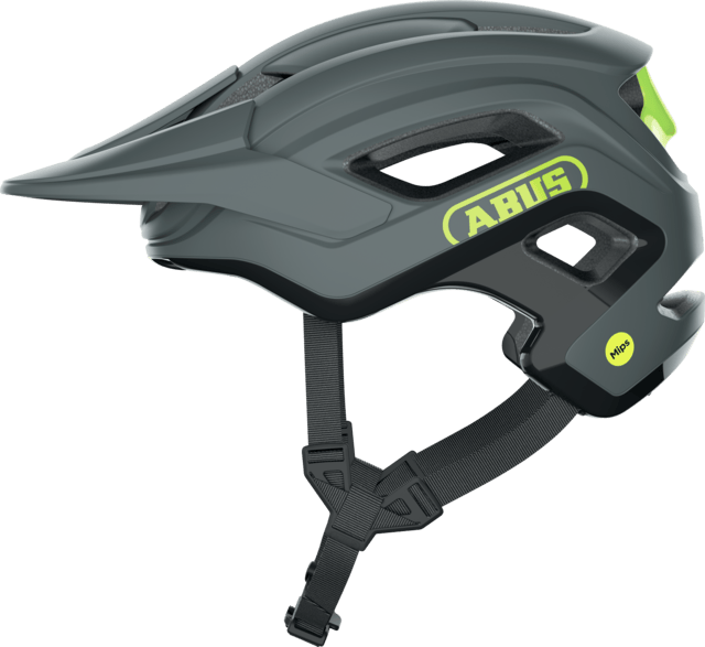 ABUS Cliffhanger MIPS mountain bike helmet in concrete grey with adjustable fit and ventilation for outdoor cycling.